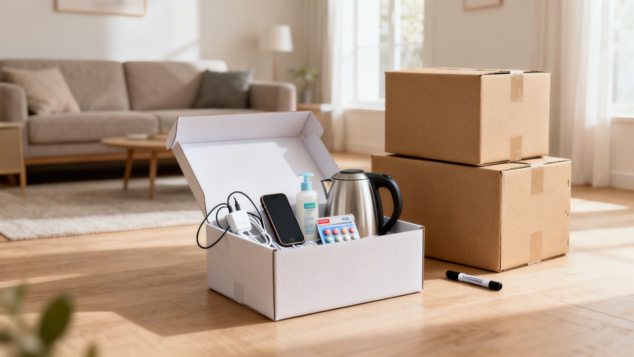 An open white box on the floor filled with essentials like a kettle, phone, and medicine, next to moving boxes.