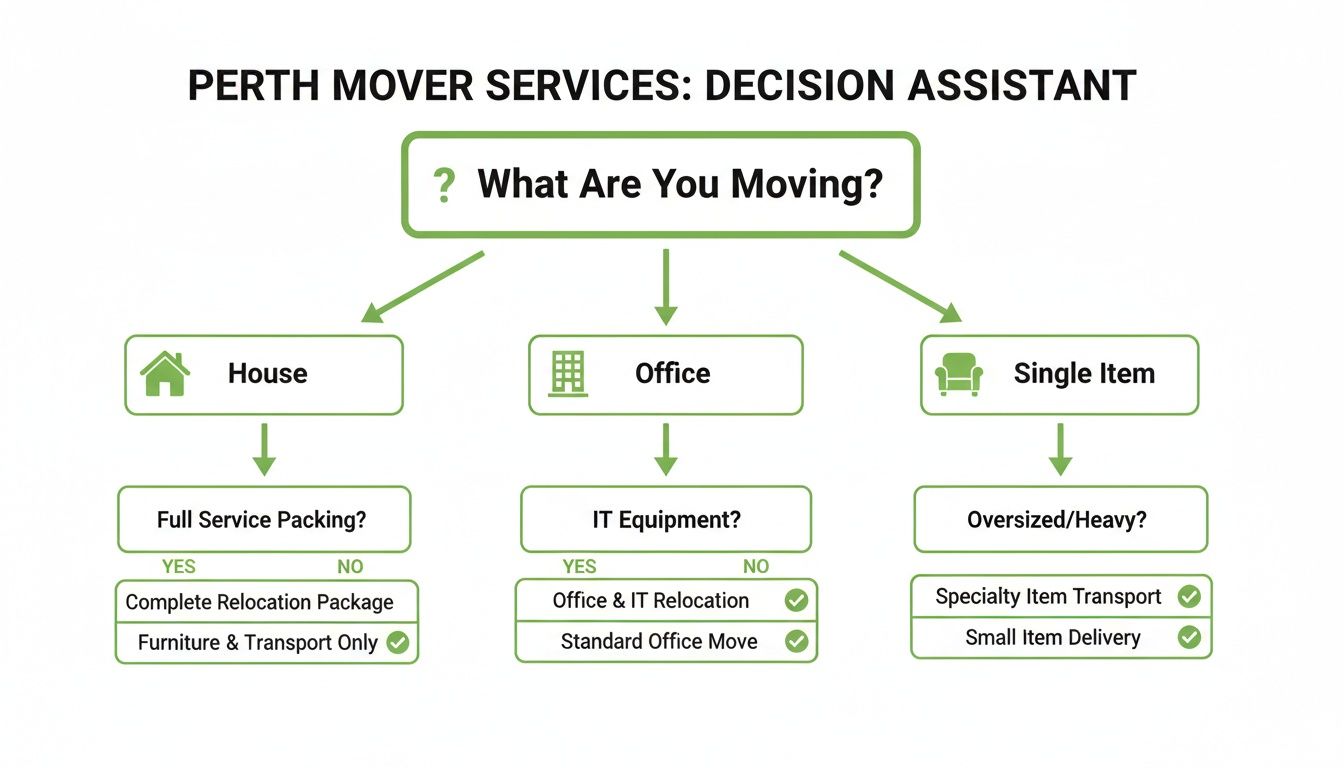 A decision tree diagram for Perth mover services, guiding users to choose between house, office, or single item moves.