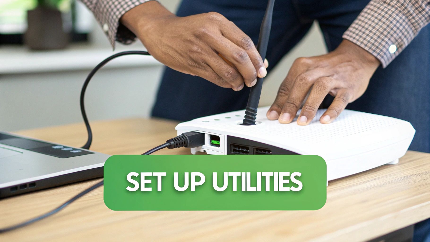 Person connecting cables to a white router on a wooden table, emphasizing the importance of setting up utilities for a new home.