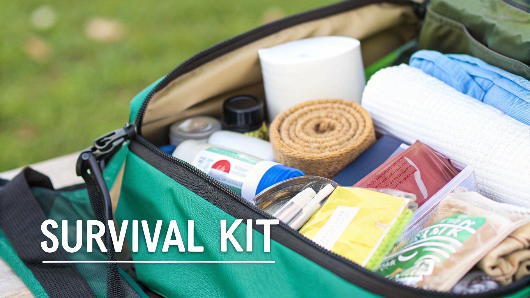 A person packing a clear plastic bin labelled "Moving Essentials" with items like a first aid kit, snacks, and a kettle.