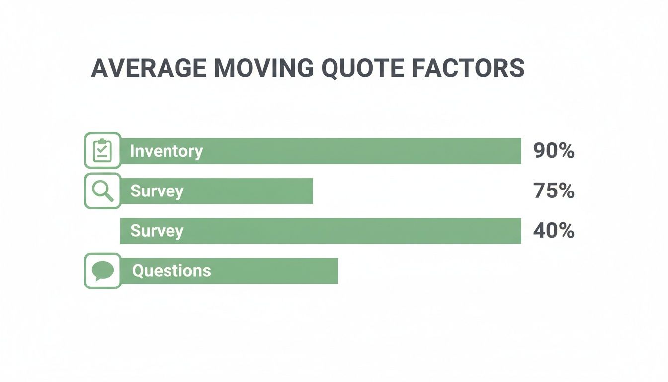 Horizontal bar chart showing average moving quote factors: Inventory 90%, Survey 75%, and Survey 40%.