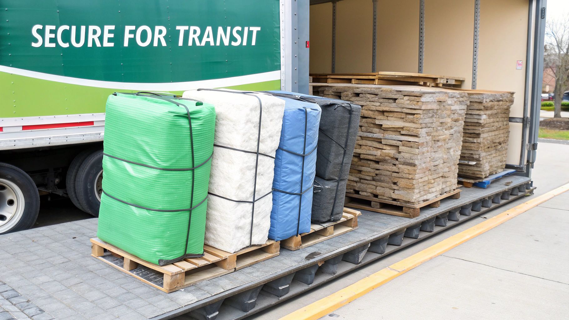 A moving truck is being loaded with wrapped bundles and stacked stone slabs on pallets, preparing for transit.