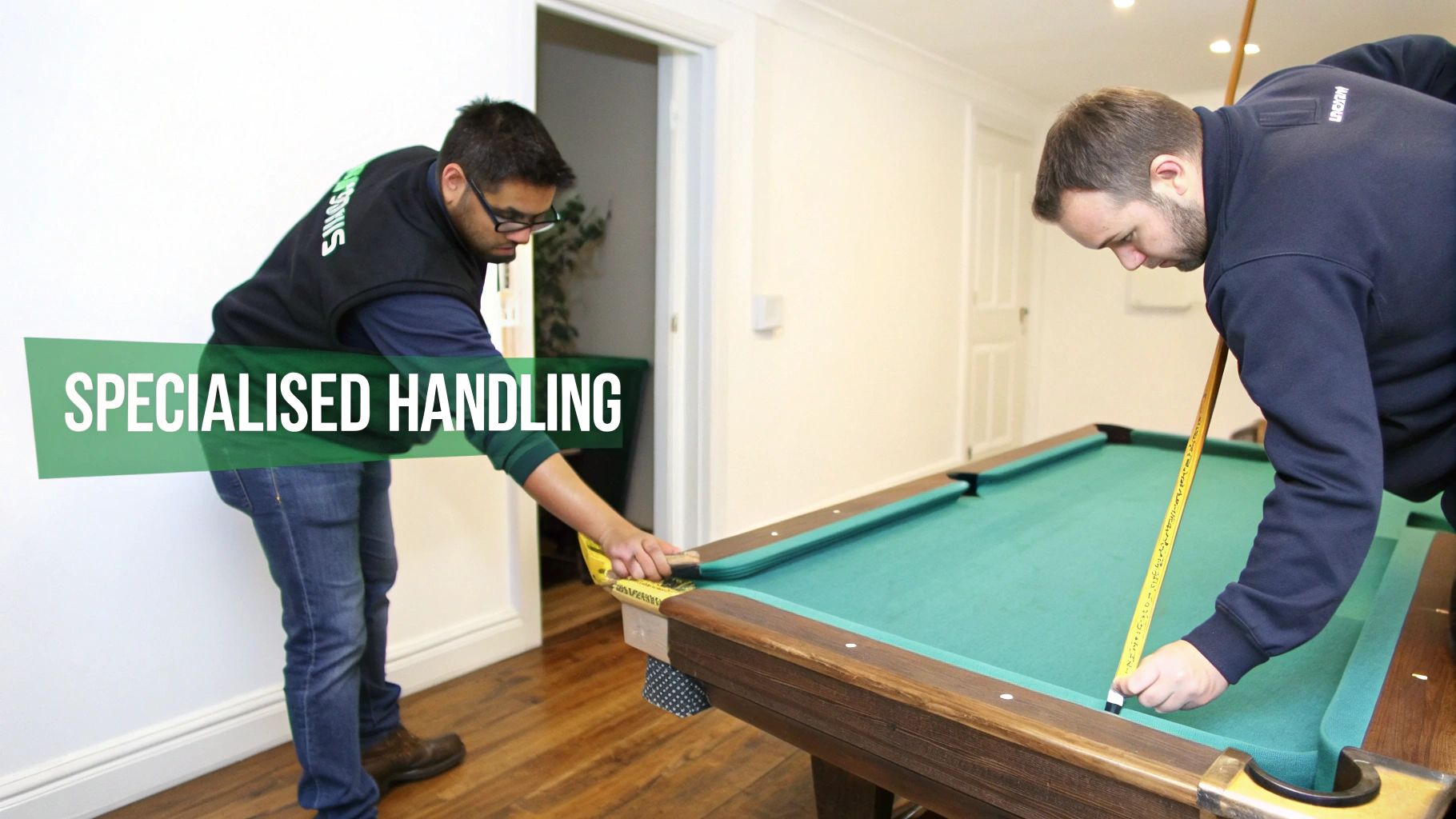 Two men precisely measure a green-felt pool table with tape measures, demonstrating specialized handling for moving.