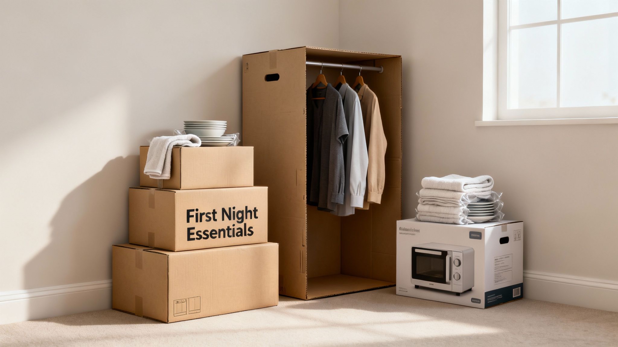 First night essentials and moving boxes in a new room with a temporary wardrobe.