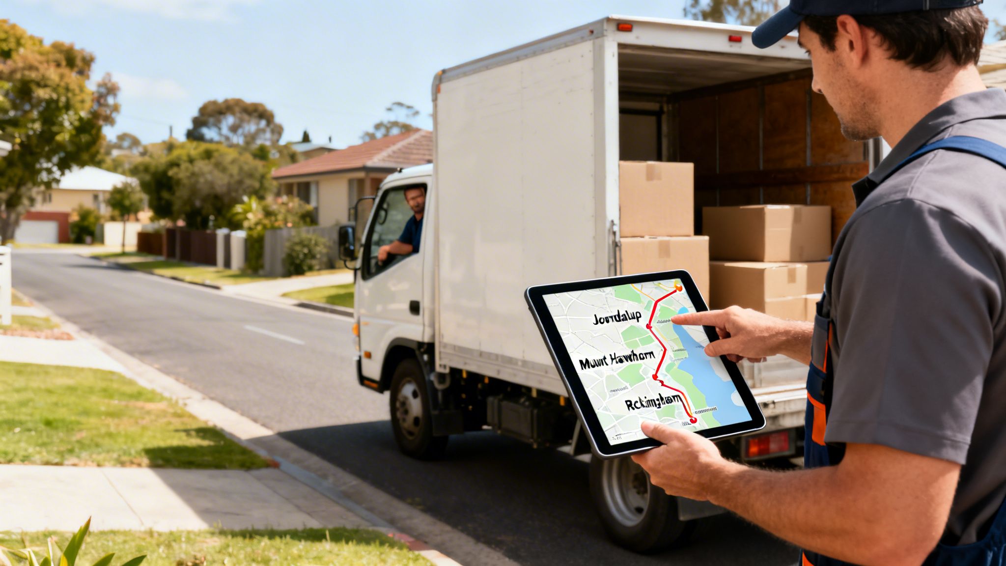 Movers using a digital tablet to plan a delivery route for a truck full of moving boxes.