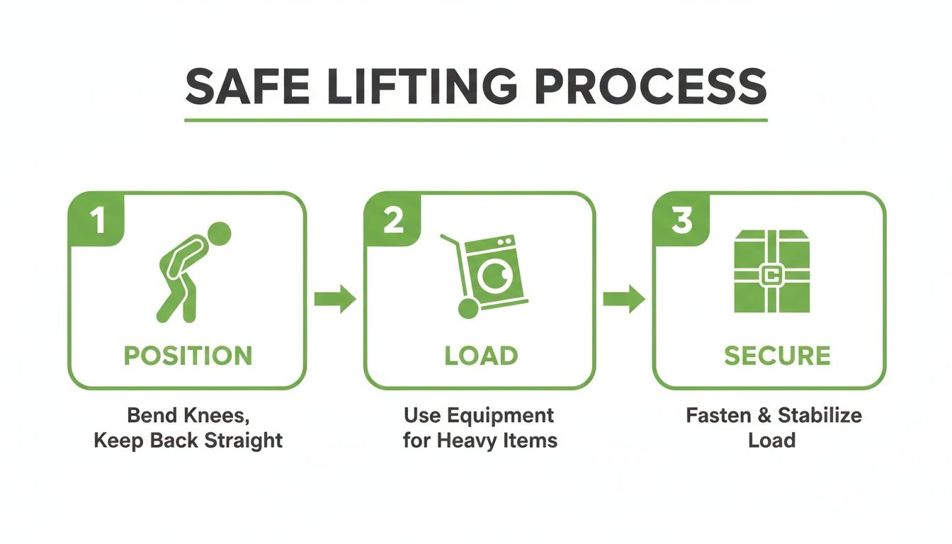 Infographic illustrating a three-step safe lifting process: position, load with equipment, and secure the load.
