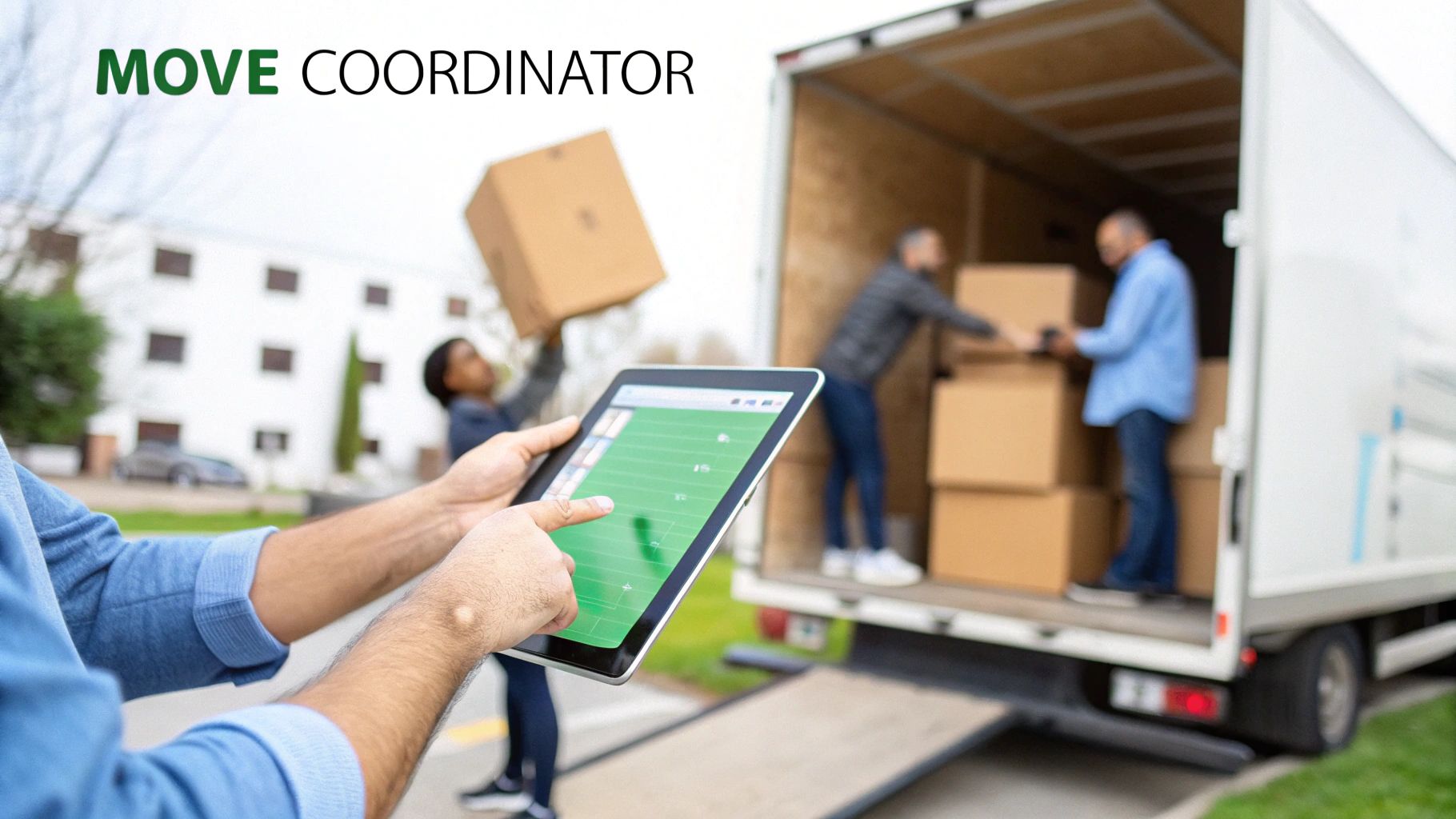 A move coordinator uses a tablet to oversee movers loading boxes into a moving truck.