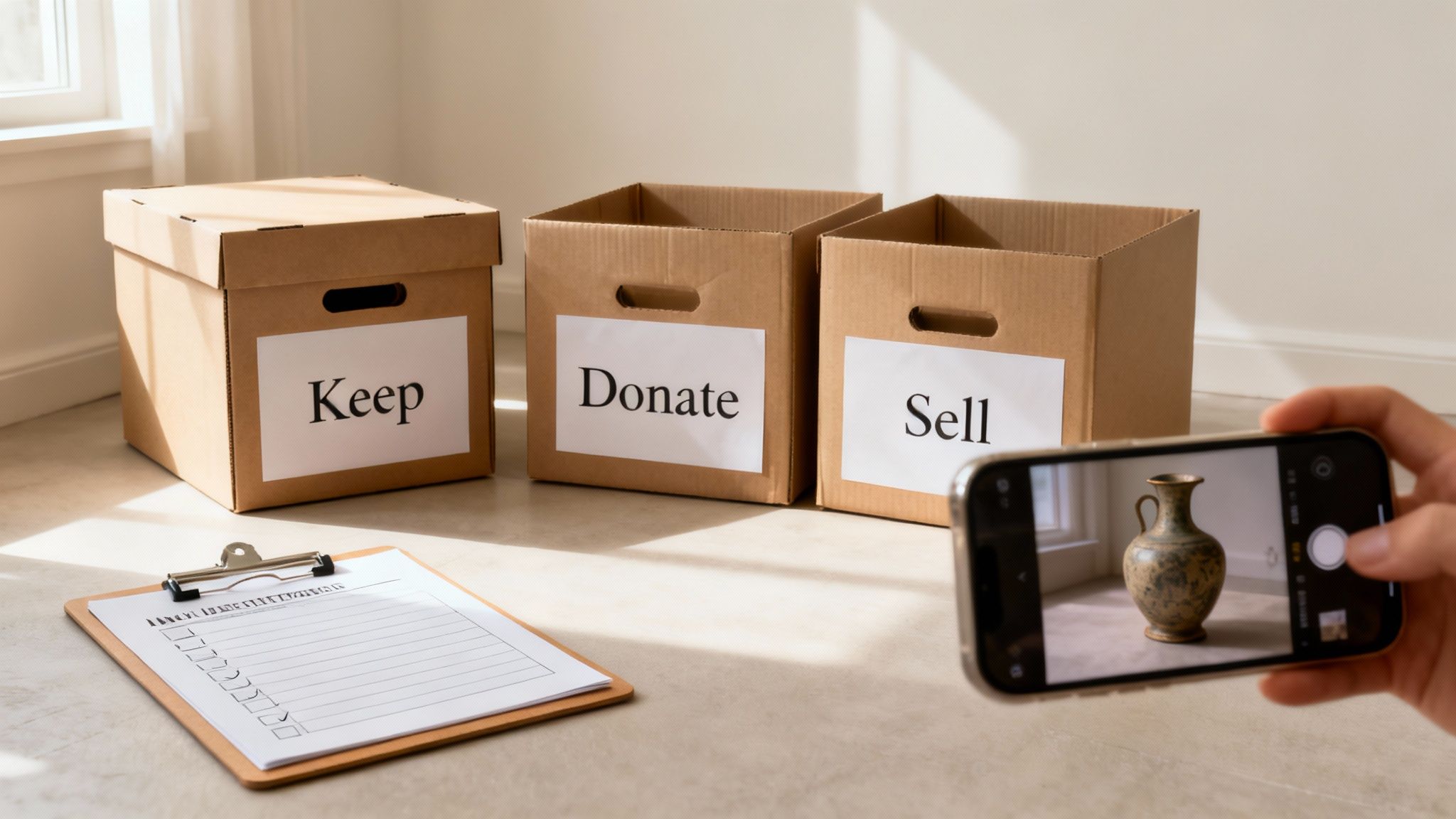 Three cardboard boxes labeled 'Keep,' 'Donate,' and 'Sell,' next to a checklist and a hand taking a photo of a vase.