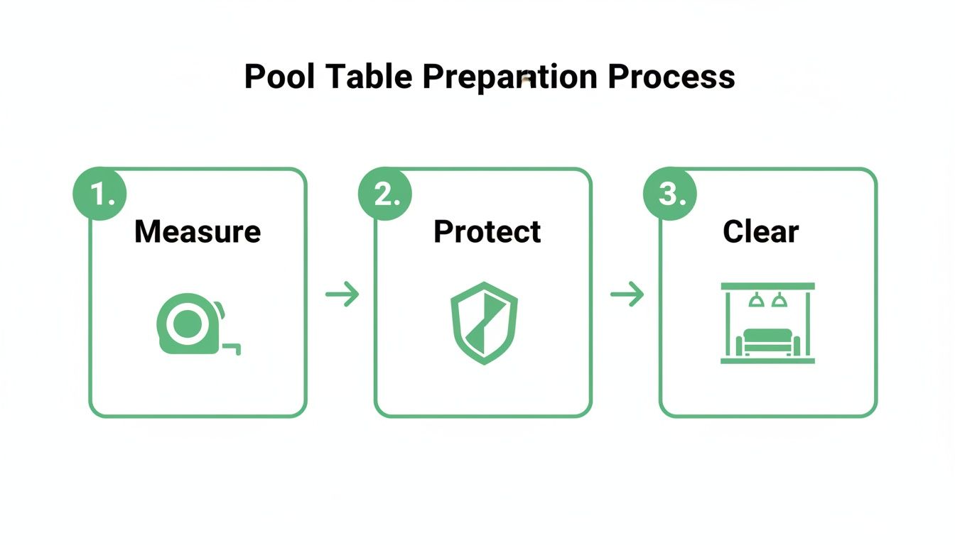 Flowchart illustrating a three-step process for pool table preparation: measure, protect, and clear.