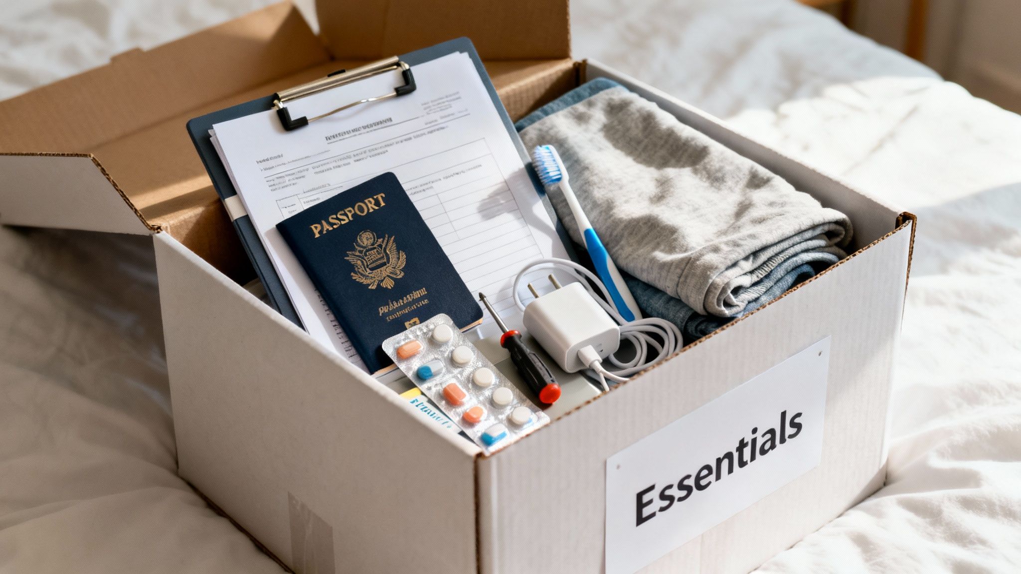 A cardboard box labeled 'Essentials' filled with a passport, medication, clothes, and toiletries.