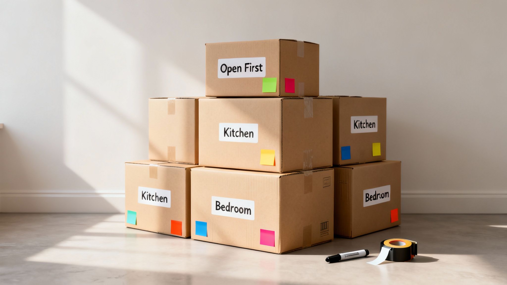 Stack of labeled cardboard moving boxes with colorful sticky notes, a marker, and tape on the floor.