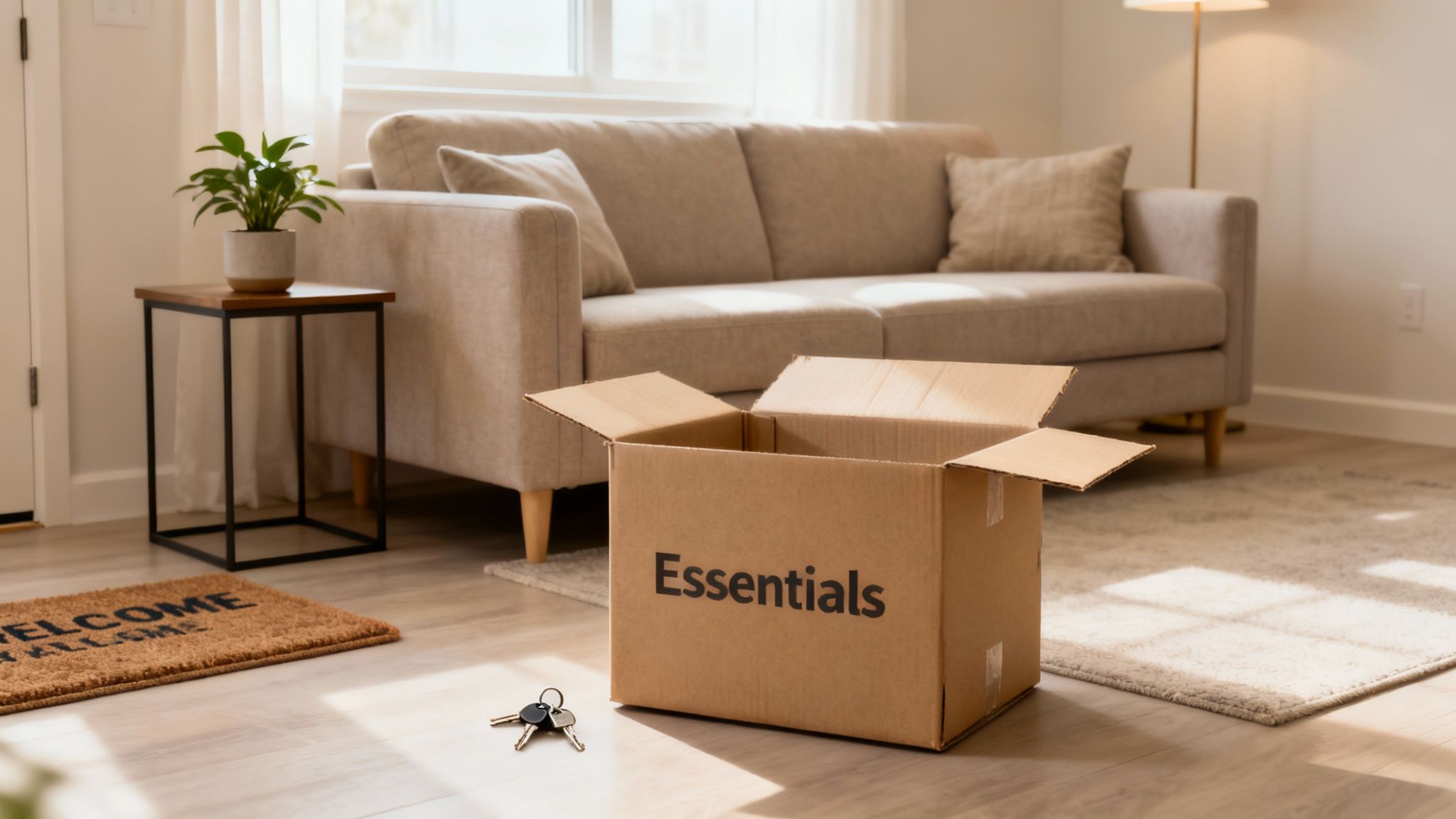 An open cardboard box labeled 'Essentials' and keys on the floor of a new home's living room.