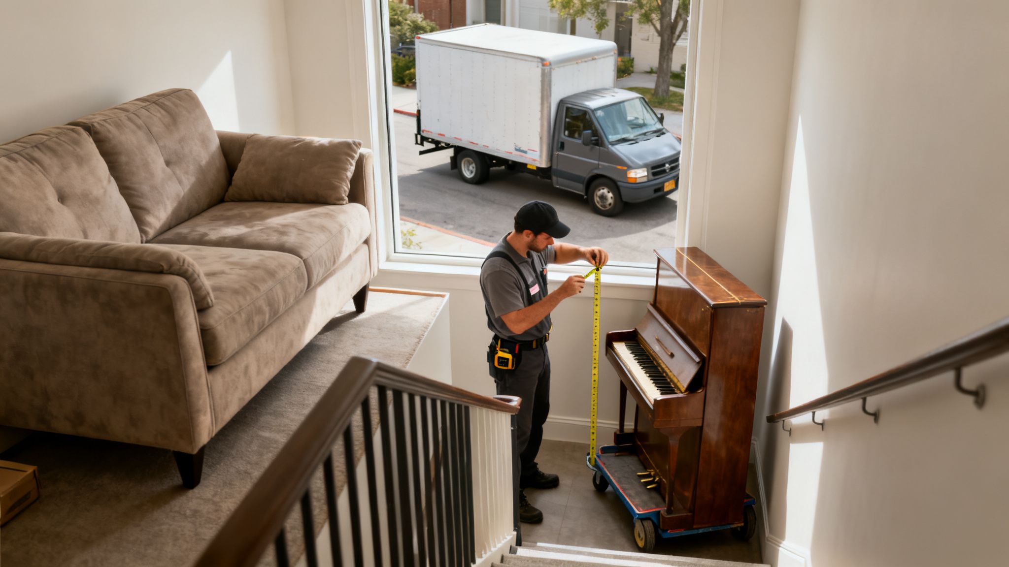 A moving professional measures a piano on a dolly at the top of a staircase, with a moving truck outside.