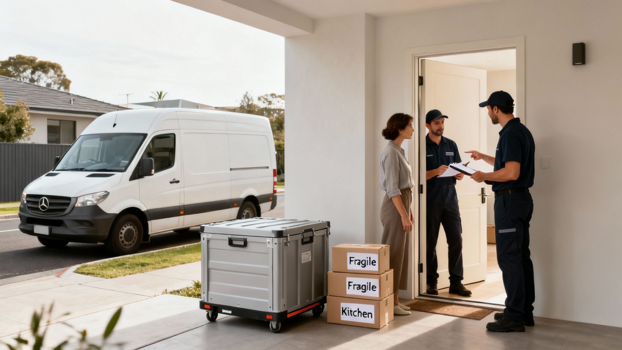 Movers delivering boxes to a woman at a house entrance with a large white van parked outside.