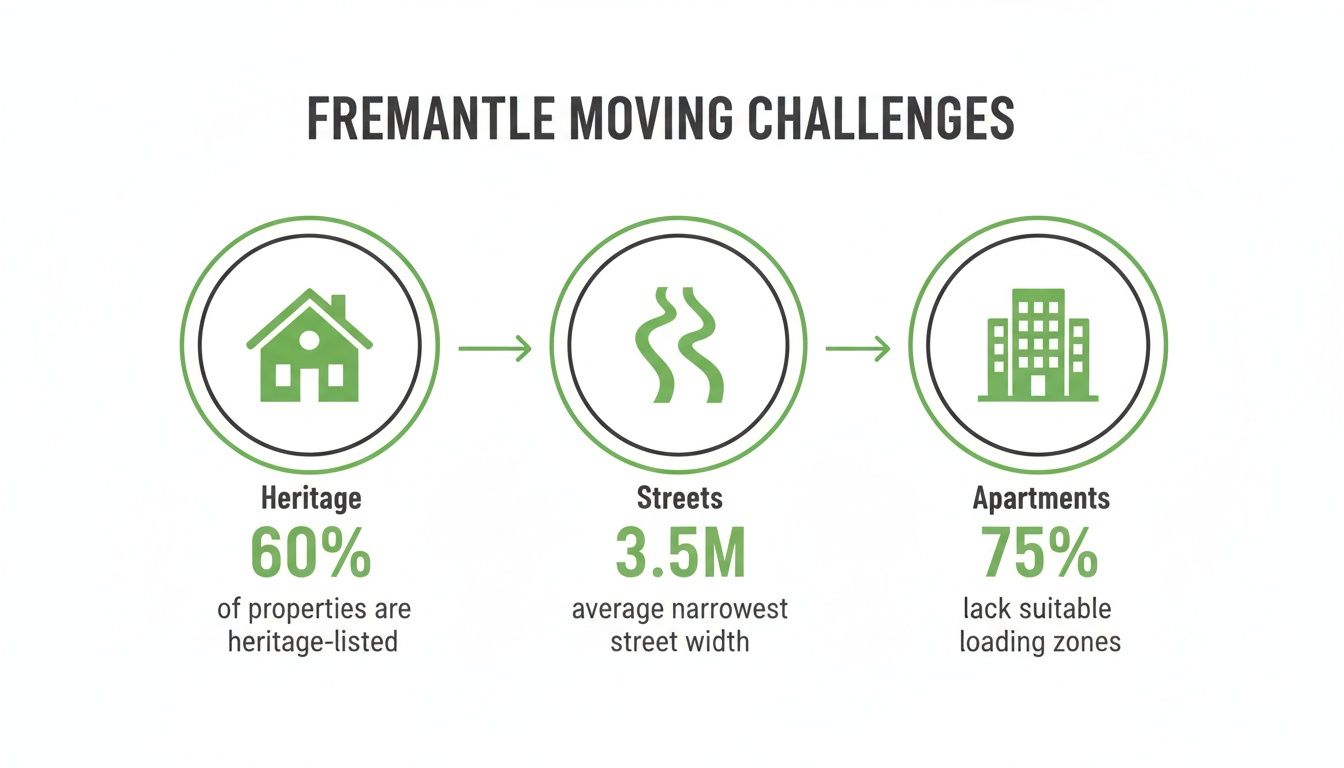 Infographic illustrating Fremantle moving challenges: heritage properties, narrow streets, and apartment loading zones.