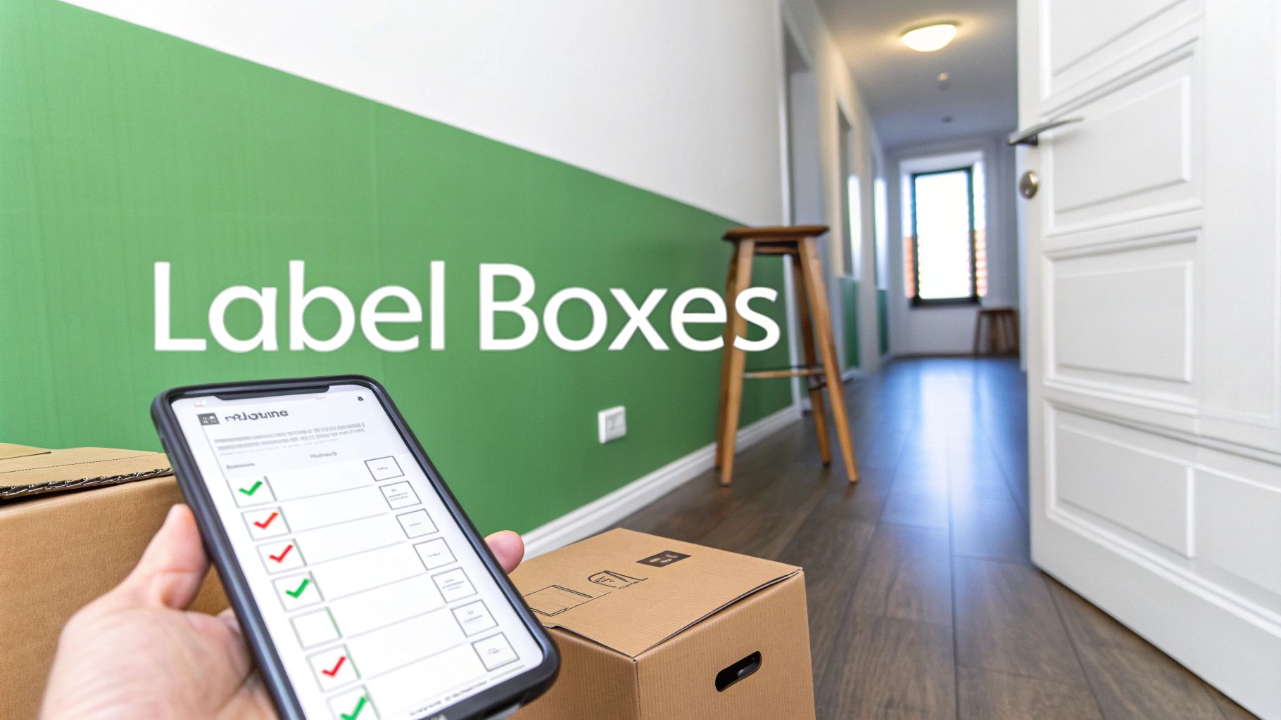 A hand holding a smartphone showing a moving checklist, with 'Label Boxes' text on a green wall.