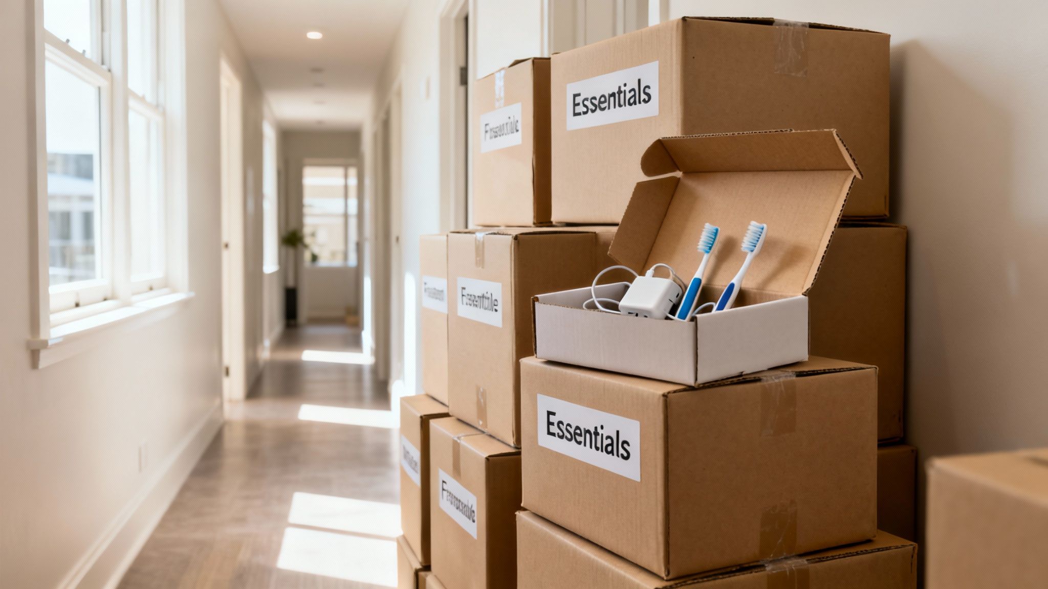 Moving boxes stacked in a bright hallway, with one open box revealing toothbrushes and a charger, ready for relocation.