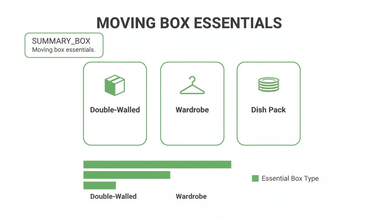 An infographic detailing essential moving box types: Double-Walled, Wardrobe, and Dish Pack, with a bar chart.