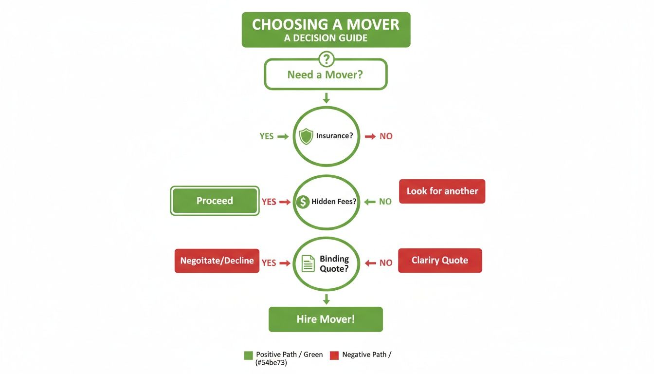 A flowchart guide titled 'Choosing a Mover' detailing steps like checking for insurance, hidden fees, and binding quotes.