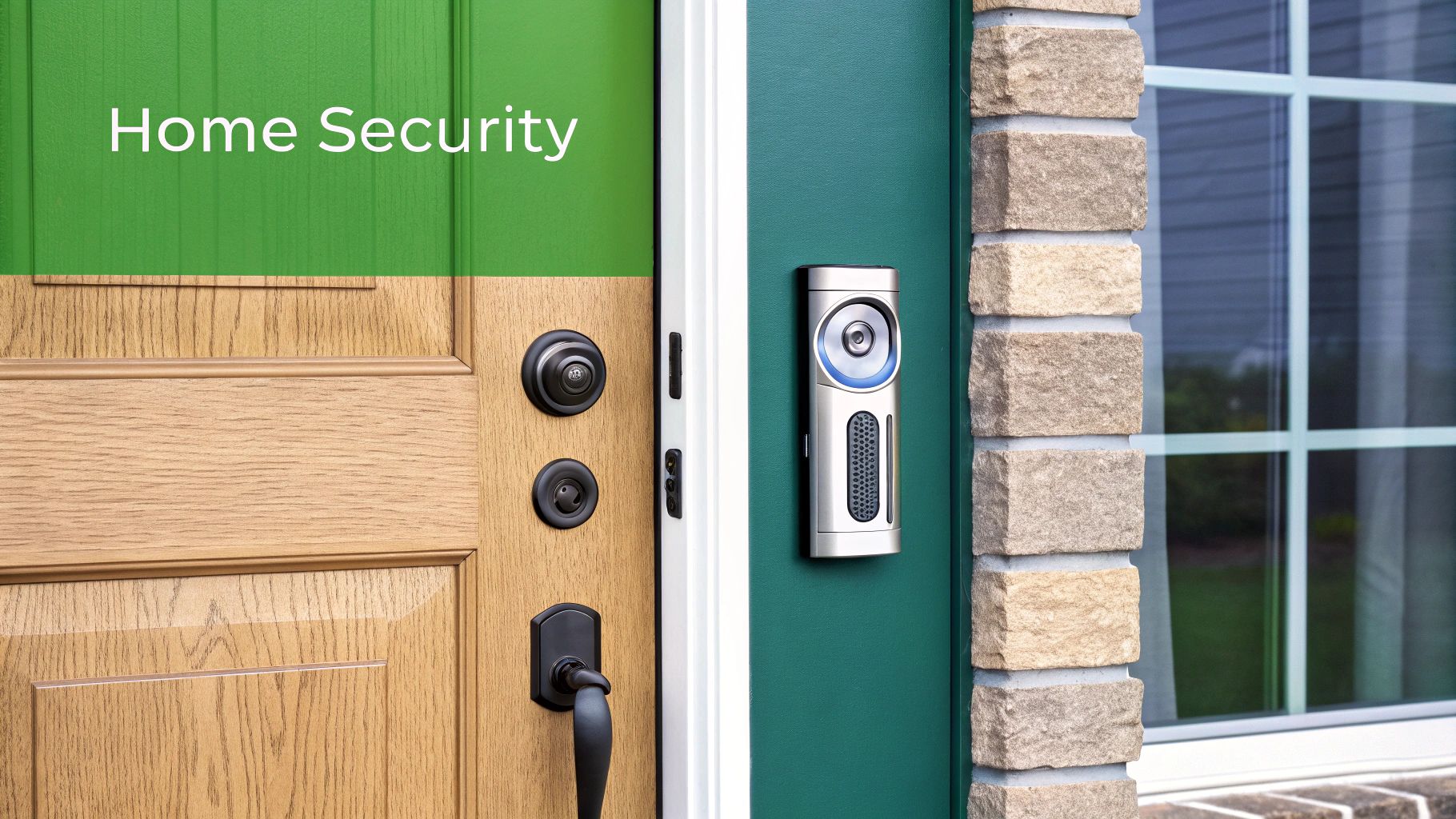 Home security setup featuring a wooden door with multiple locks and a modern video doorbell, emphasizing the importance of securing a new home.