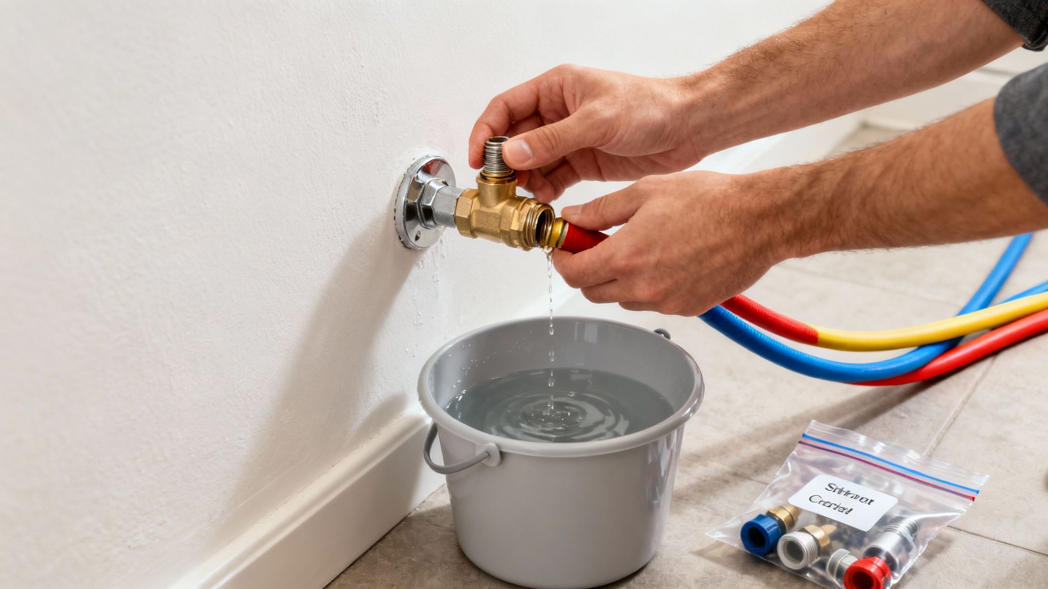 A person's hands disconnecting a brass plumbing fitting from a wall, with water dripping into a grey bucket. Colorful PEX pipes are visible.