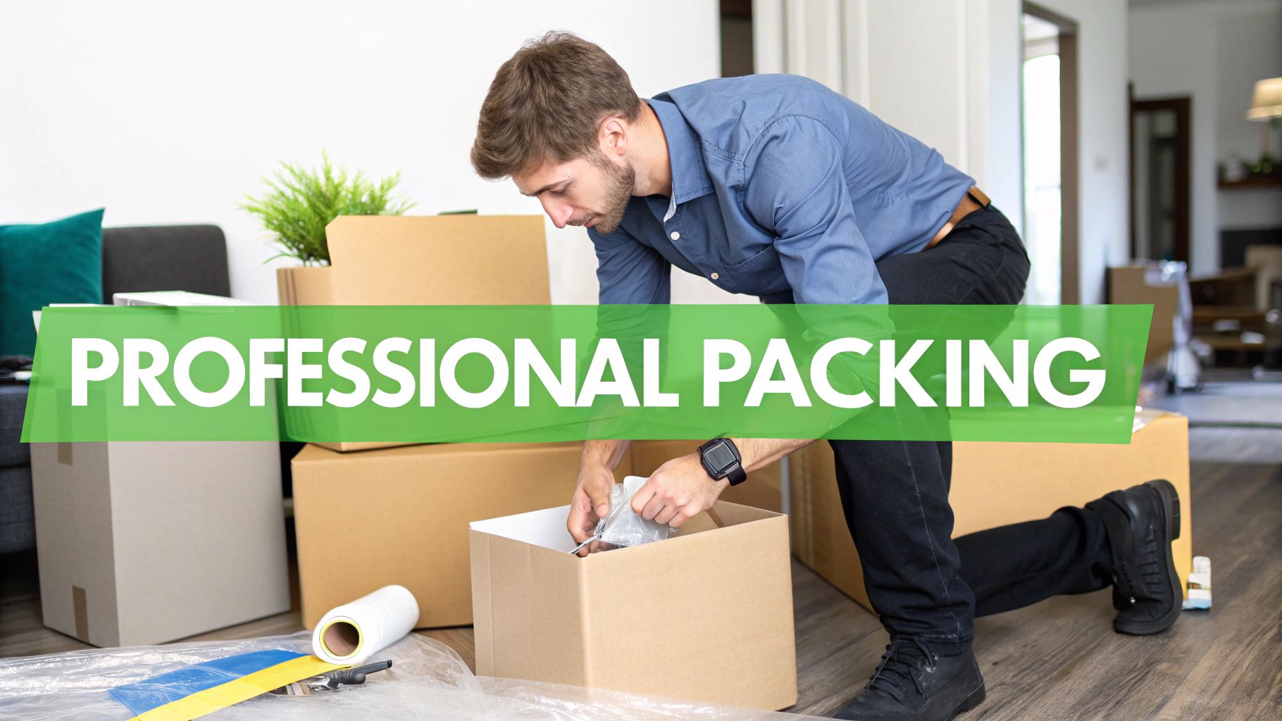 A man professionally packing items into cardboard boxes on a wooden floor, surrounded by moving supplies.