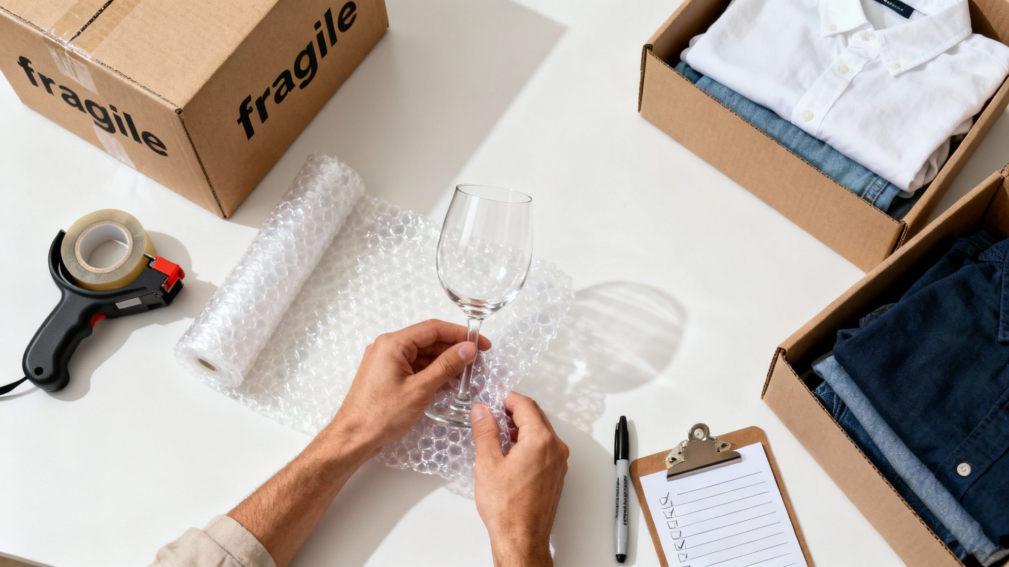 A person carefully wraps a wine glass in bubble wrap for moving, surrounded by packing supplies and cardboard boxes with clothes.
