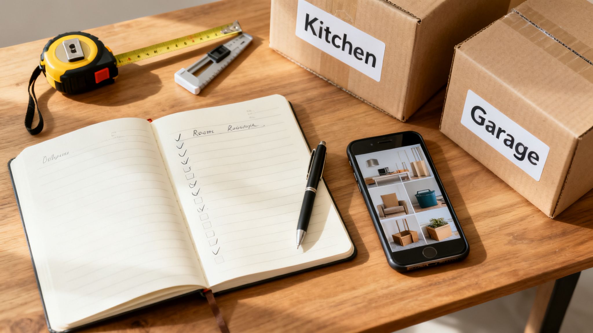 Overhead view of moving supplies: boxes, checklist, phone with item photos, and tools.
