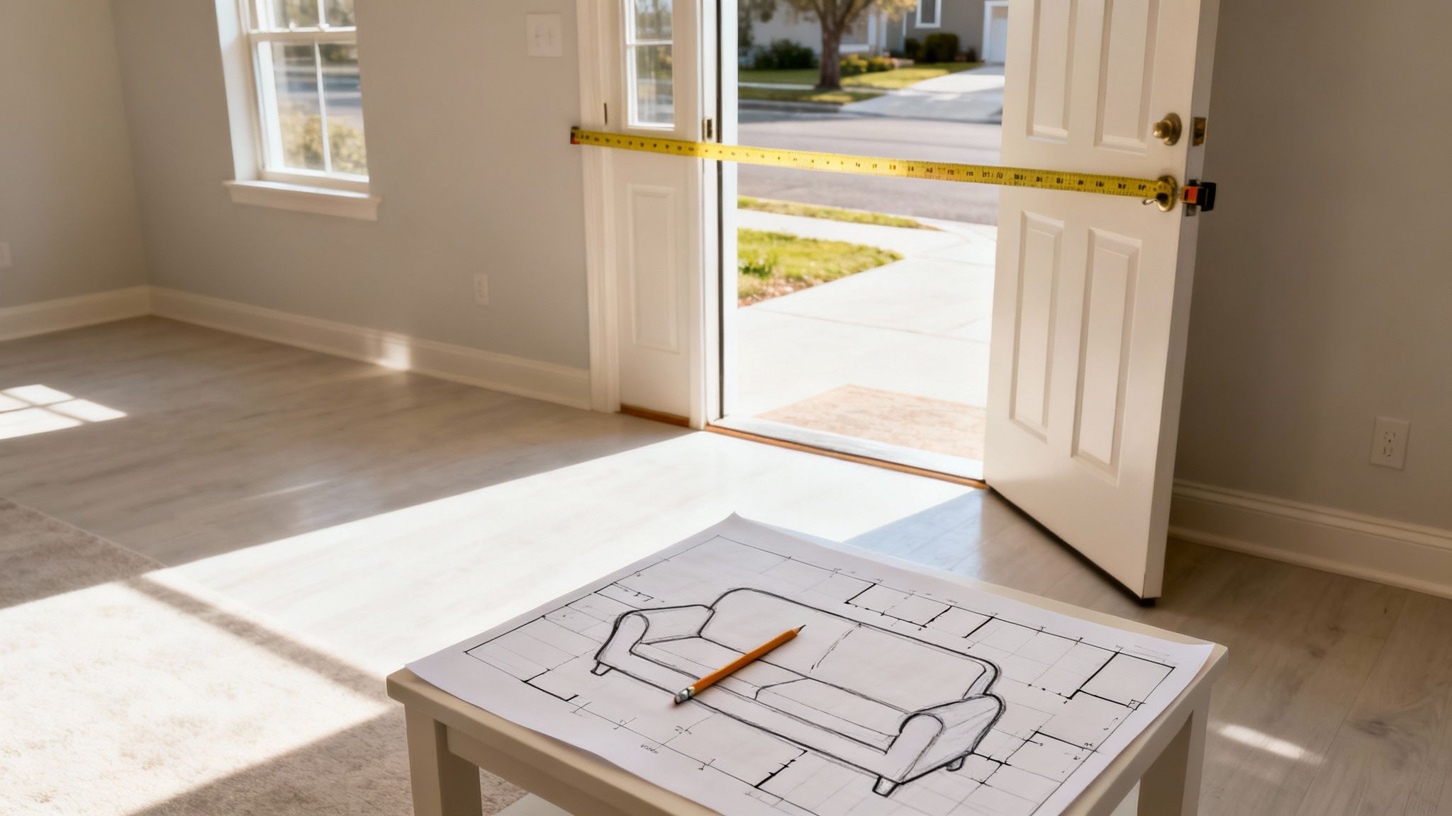 A tape measure spans an open doorway in a new house, with a furniture plan on a table.