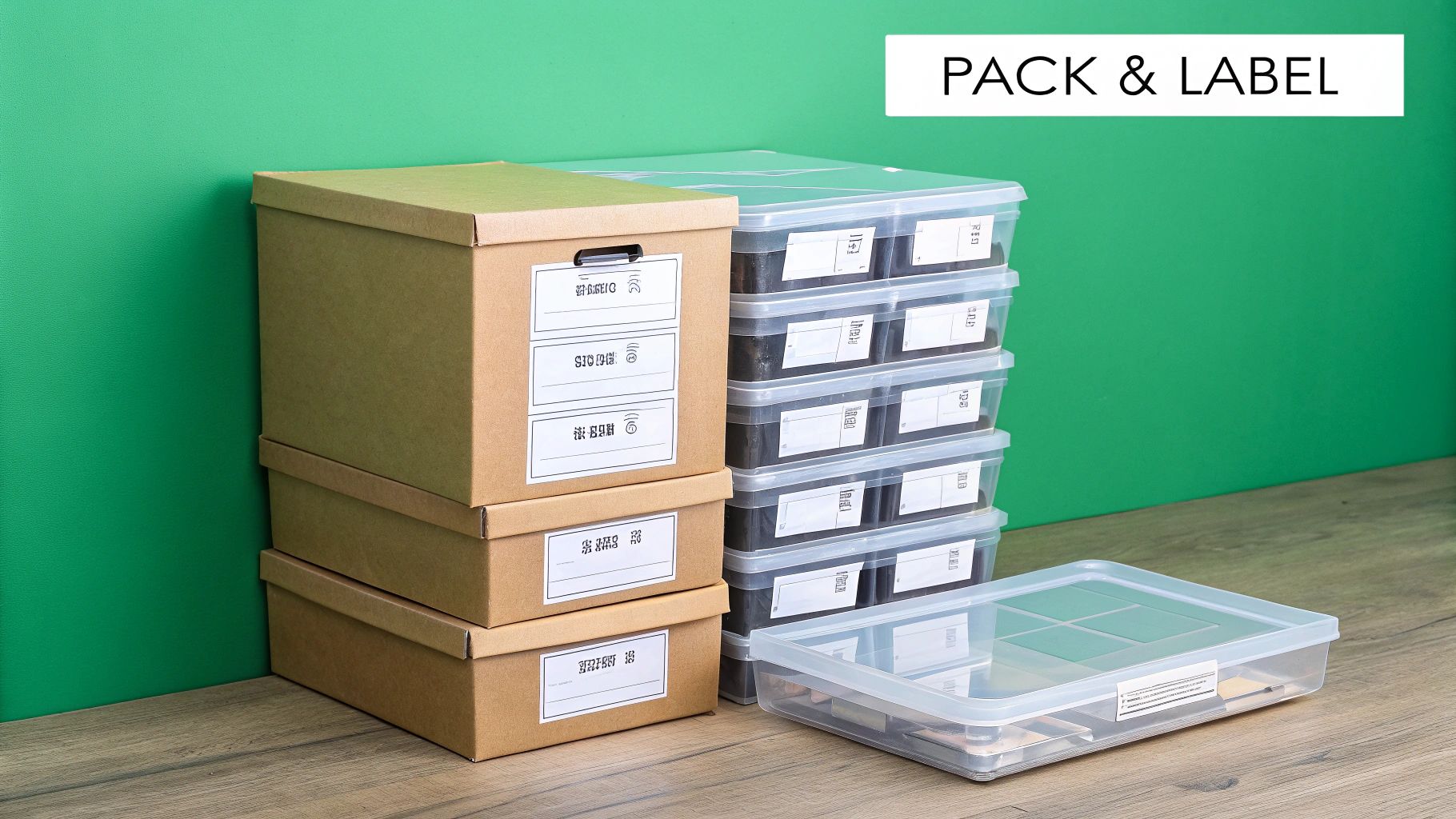 A person carefully packing a box with books, with other packed and labelled boxes in the background.