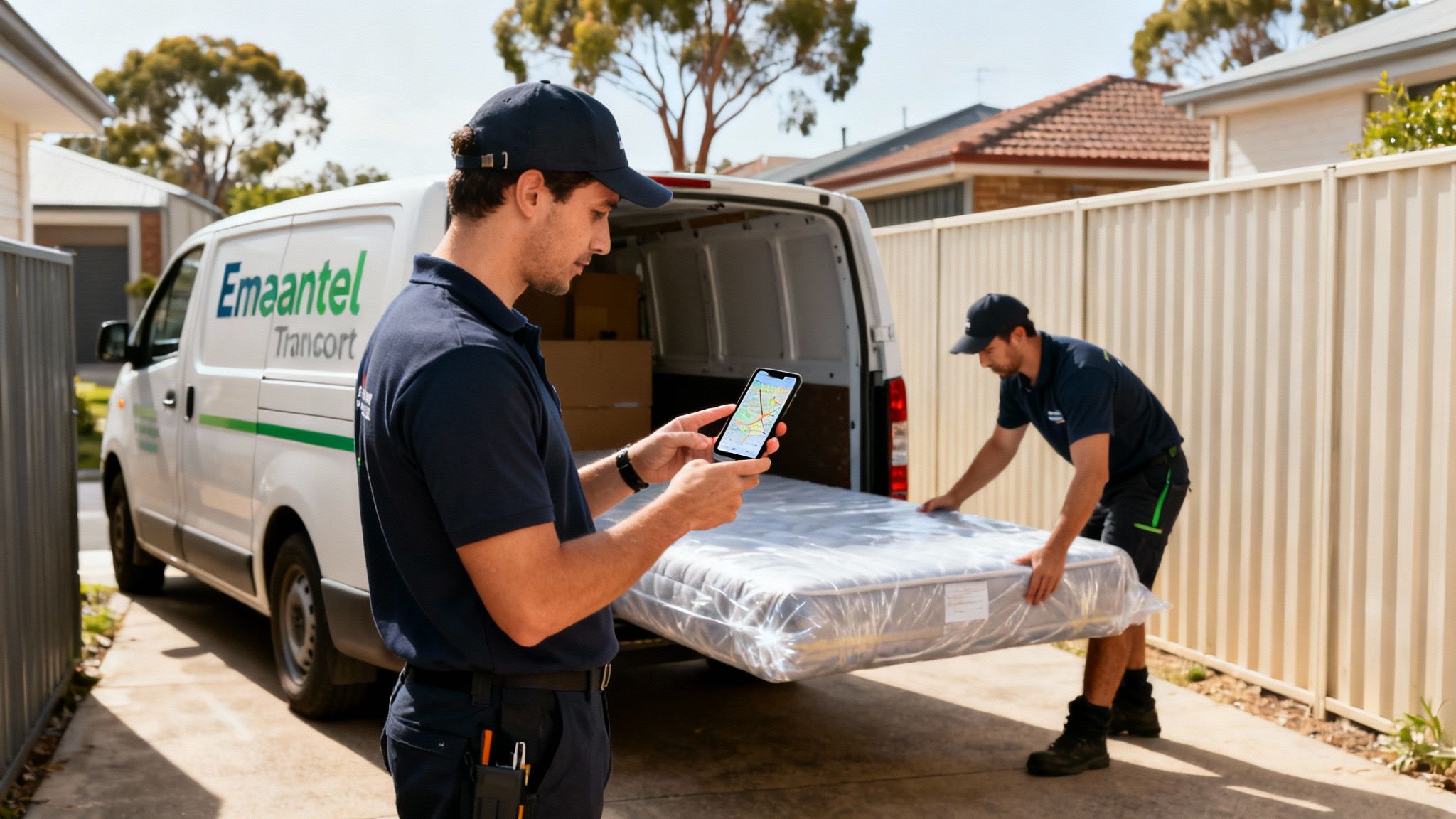 Two movers handle a mattress from a delivery van, one checking a map on his phone.