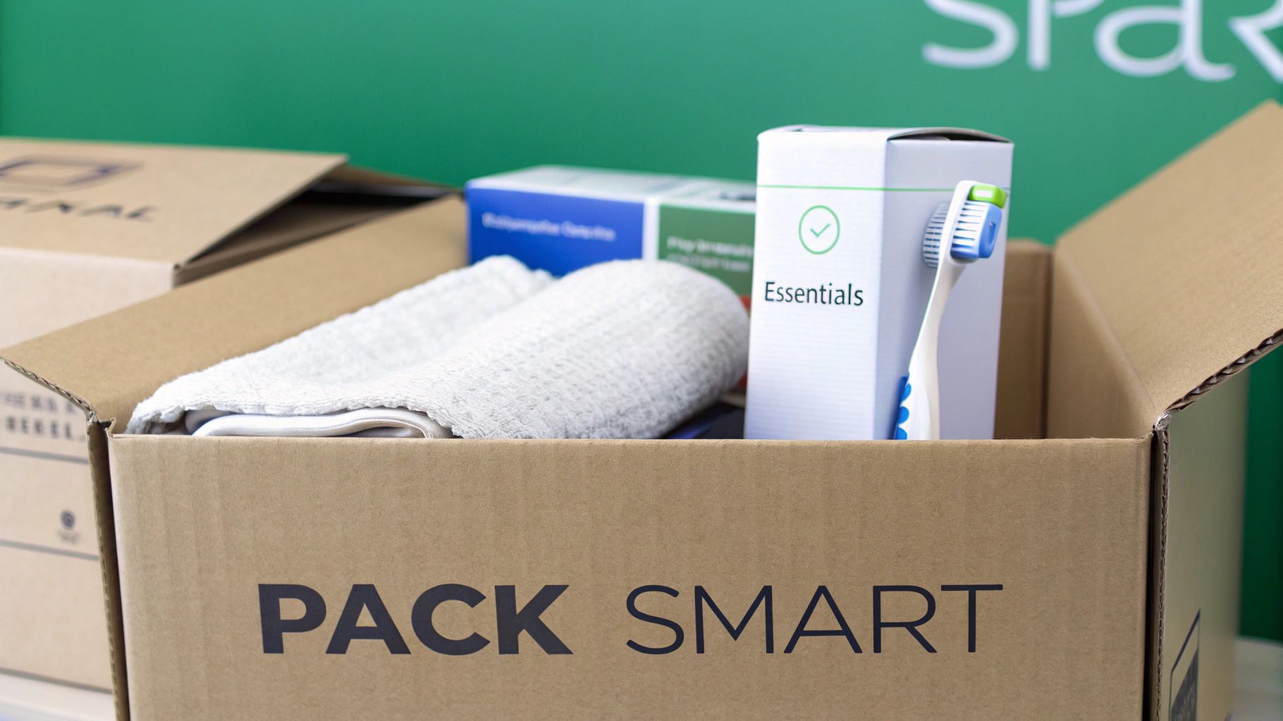 An open cardboard box contains a folded white towel, a box of 'Essentials', and a toothbrush.