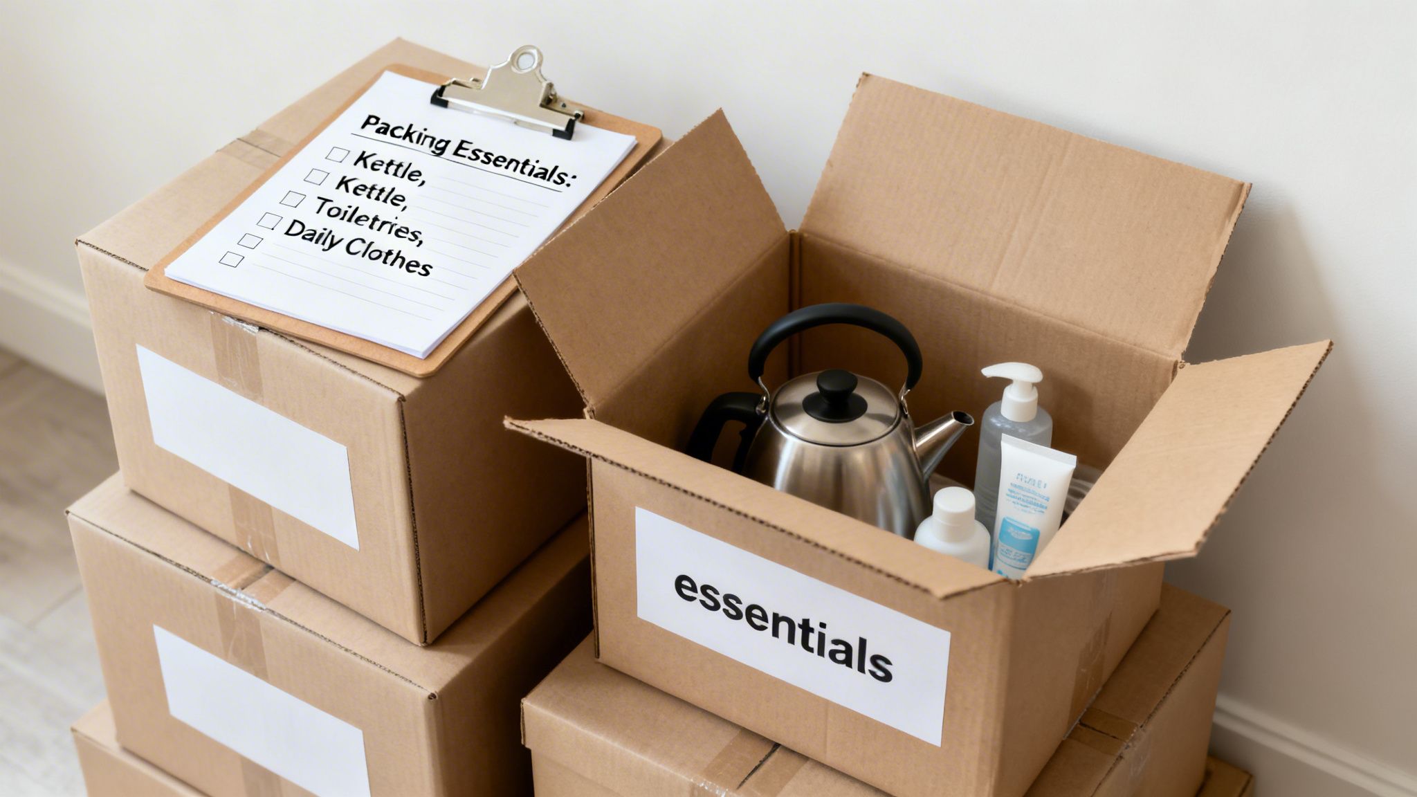 Cardboard moving boxes, one open with a kettle and toiletries, plus a packing checklist.