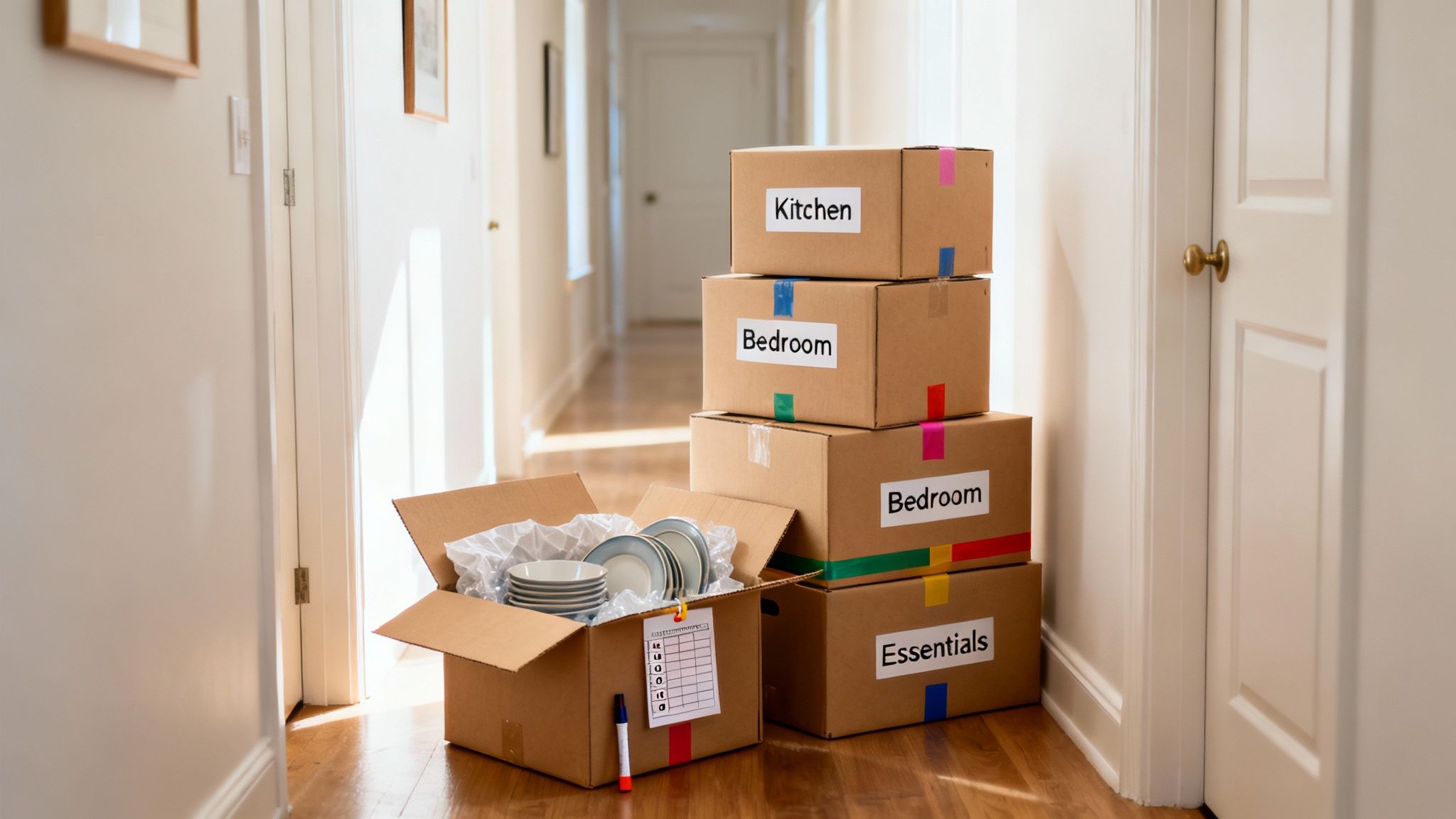 Stacked moving boxes labeled for different rooms, with an open box revealing packed dishes in a hallway.