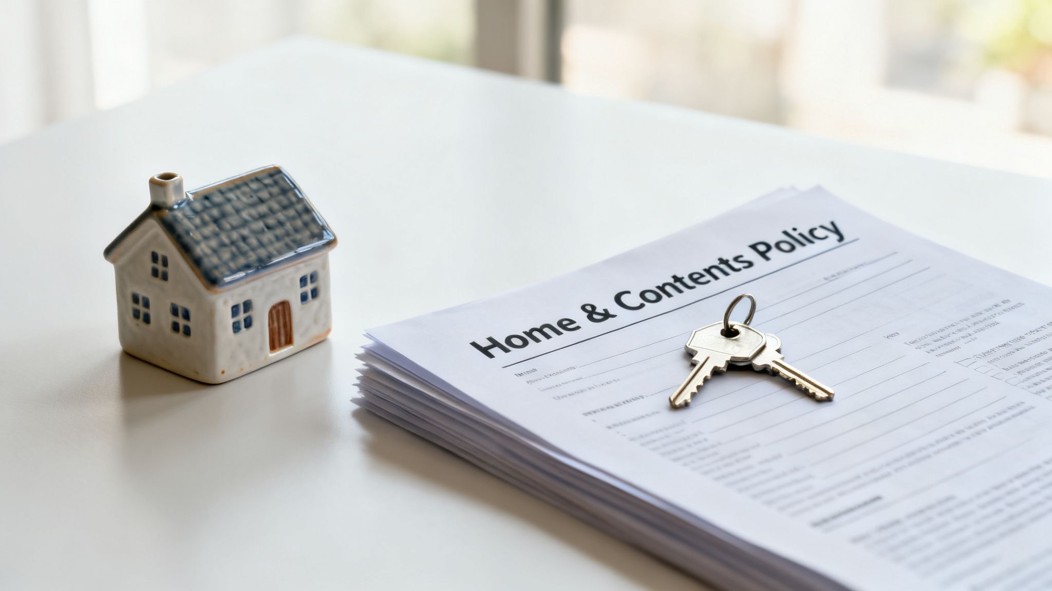 A miniature house, house keys, and a 'Home & Contents Policy' document on a white table.