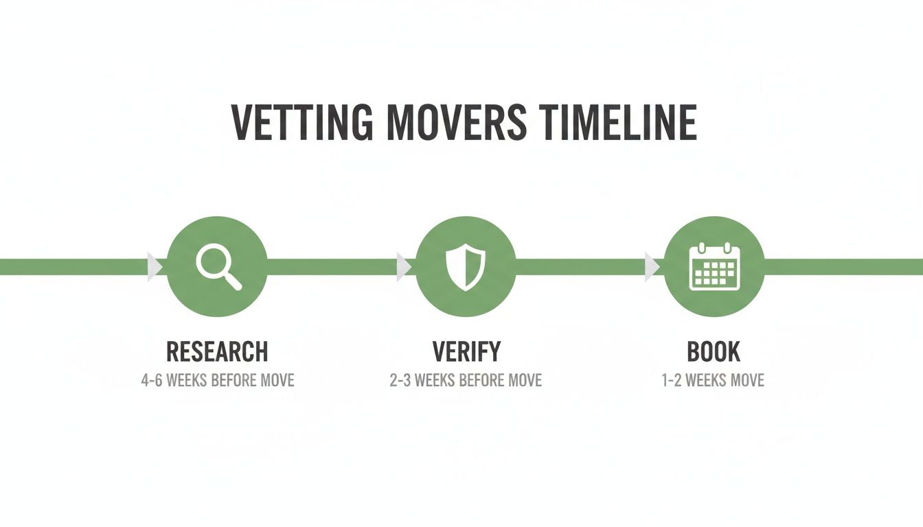 A timeline diagram illustrating the process of vetting movers, including research, verification, and booking steps.
