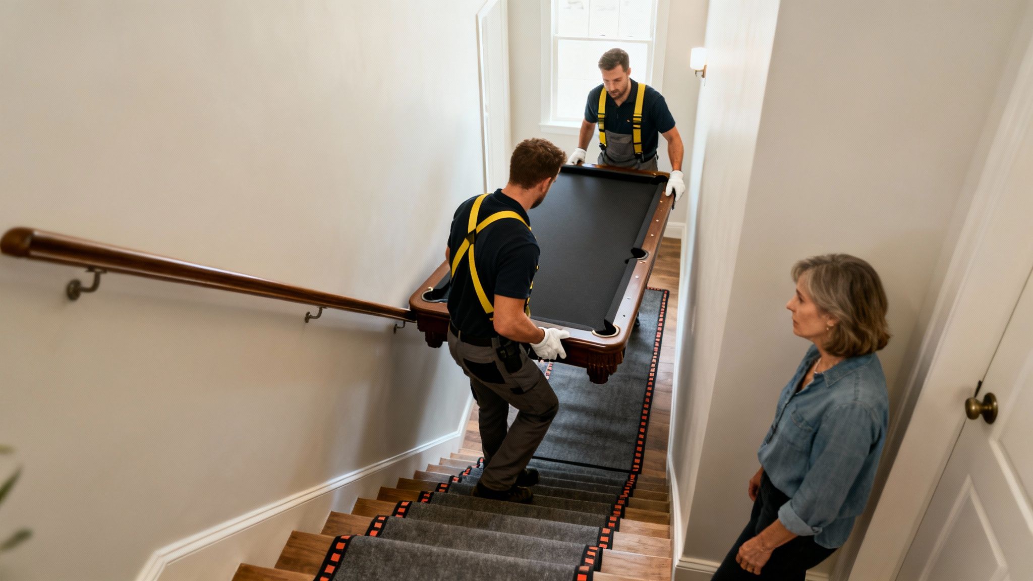 Professional movers carefully carry a large pool table down a residential staircase, observed by a woman.