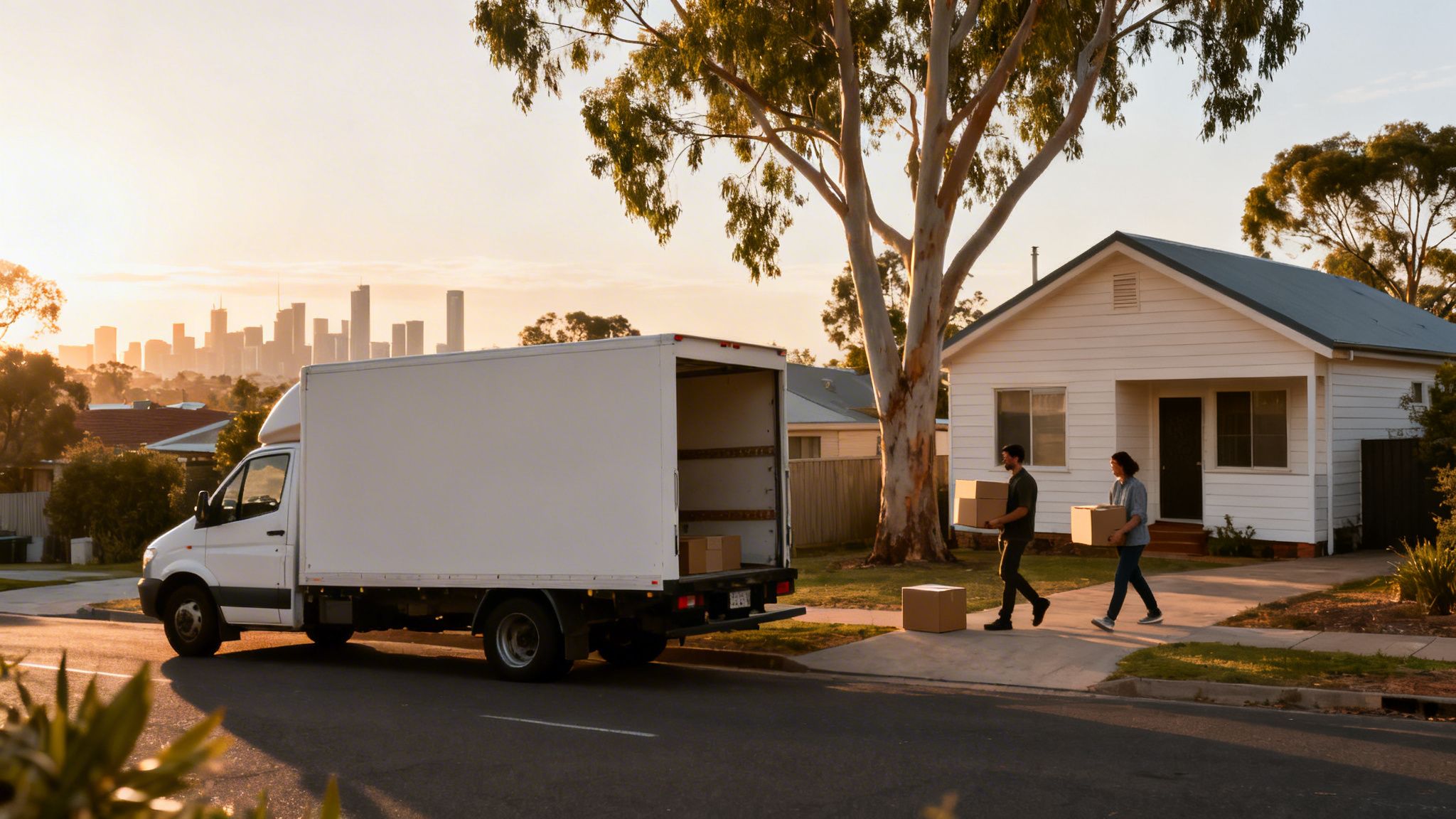 Two people are moving boxes from a white truck to a house at sunset with a city skyline.