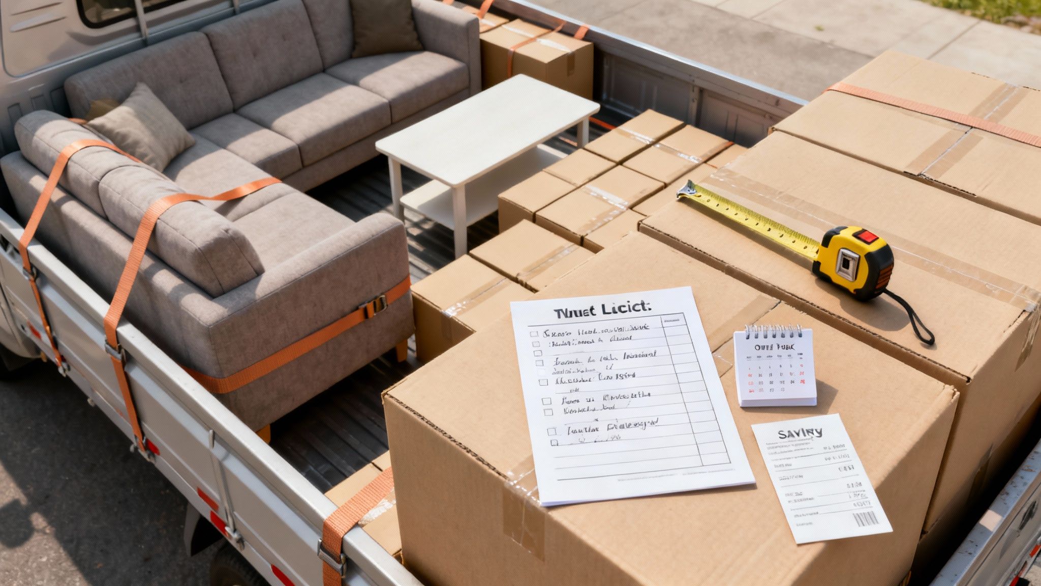A pickup truck loaded with various furniture pieces and cardboard moving boxes, secured with orange straps.