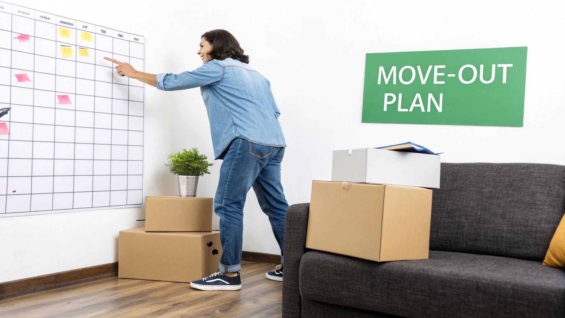 A woman organizes her move-out plan on a large whiteboard, surrounded by packed boxes.