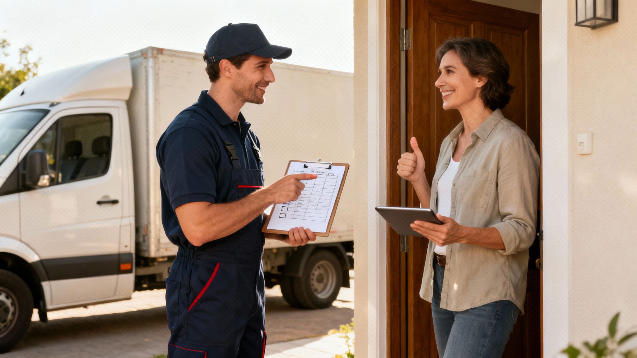 Smiling delivery man with clipboard talking to a satisfied woman giving thumbs-up near a moving truck.