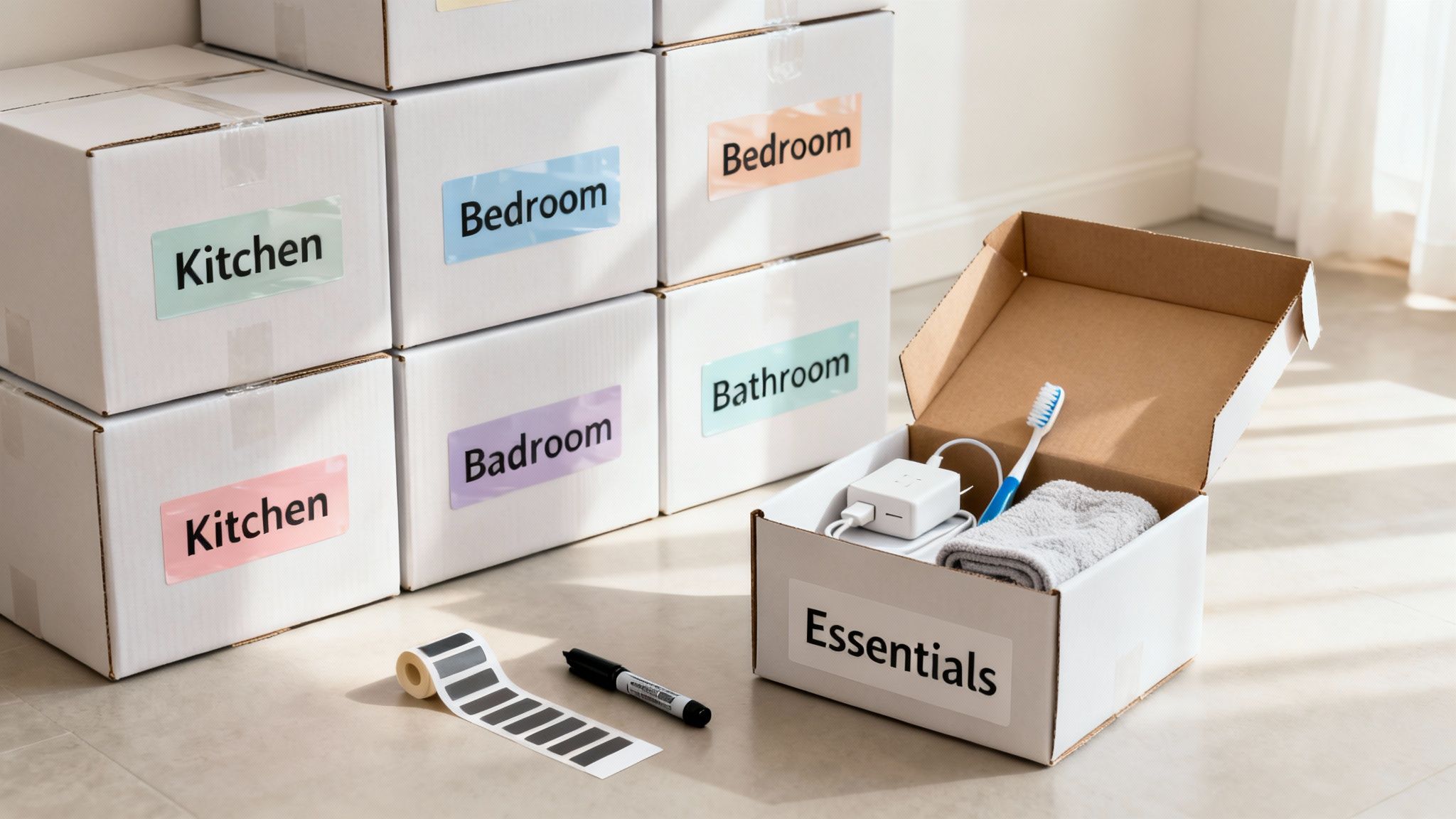 Stacked white moving boxes labeled for various rooms alongside an 'Essentials' box with toiletries.