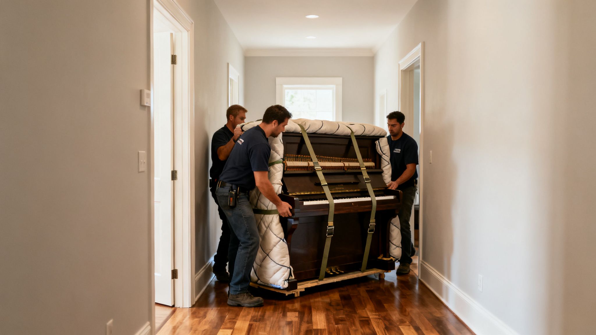 Three professional movers carefully transporting a large upright piano wrapped in blankets through a hallway.