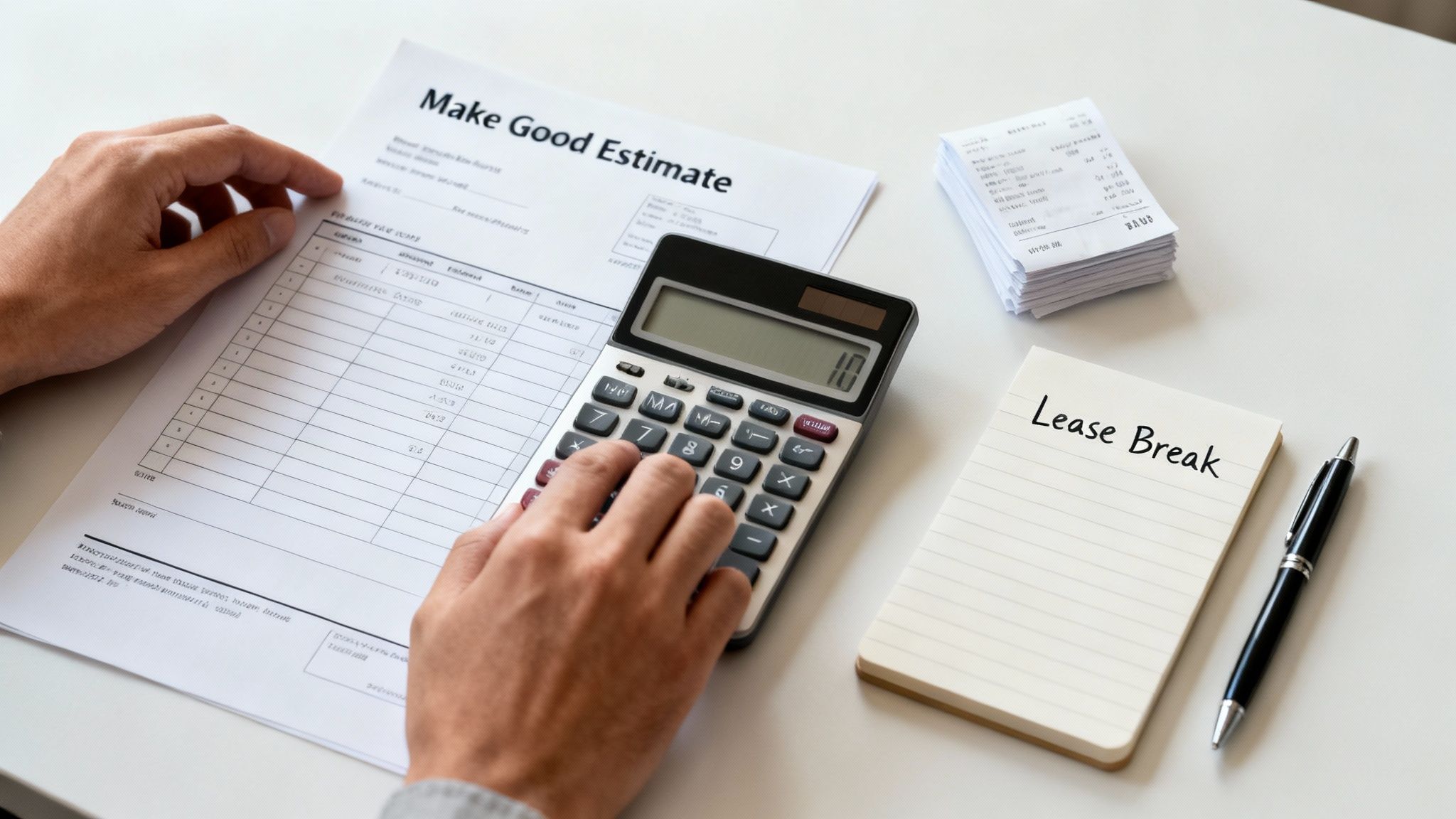Hands using a calculator on a 'Make Good Estimate' document, with a 'Lease Break' notepad.