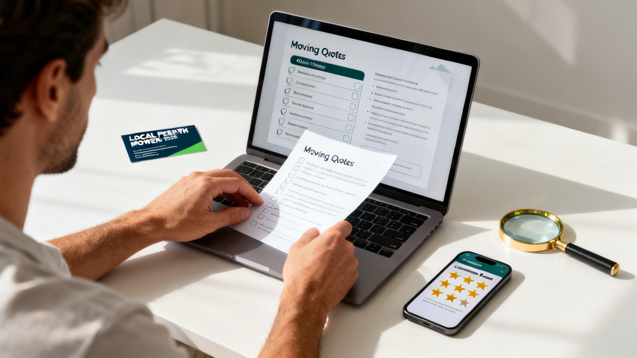 A person uses a laptop displaying moving quotes, holding a checklist, with a business card and phone nearby.