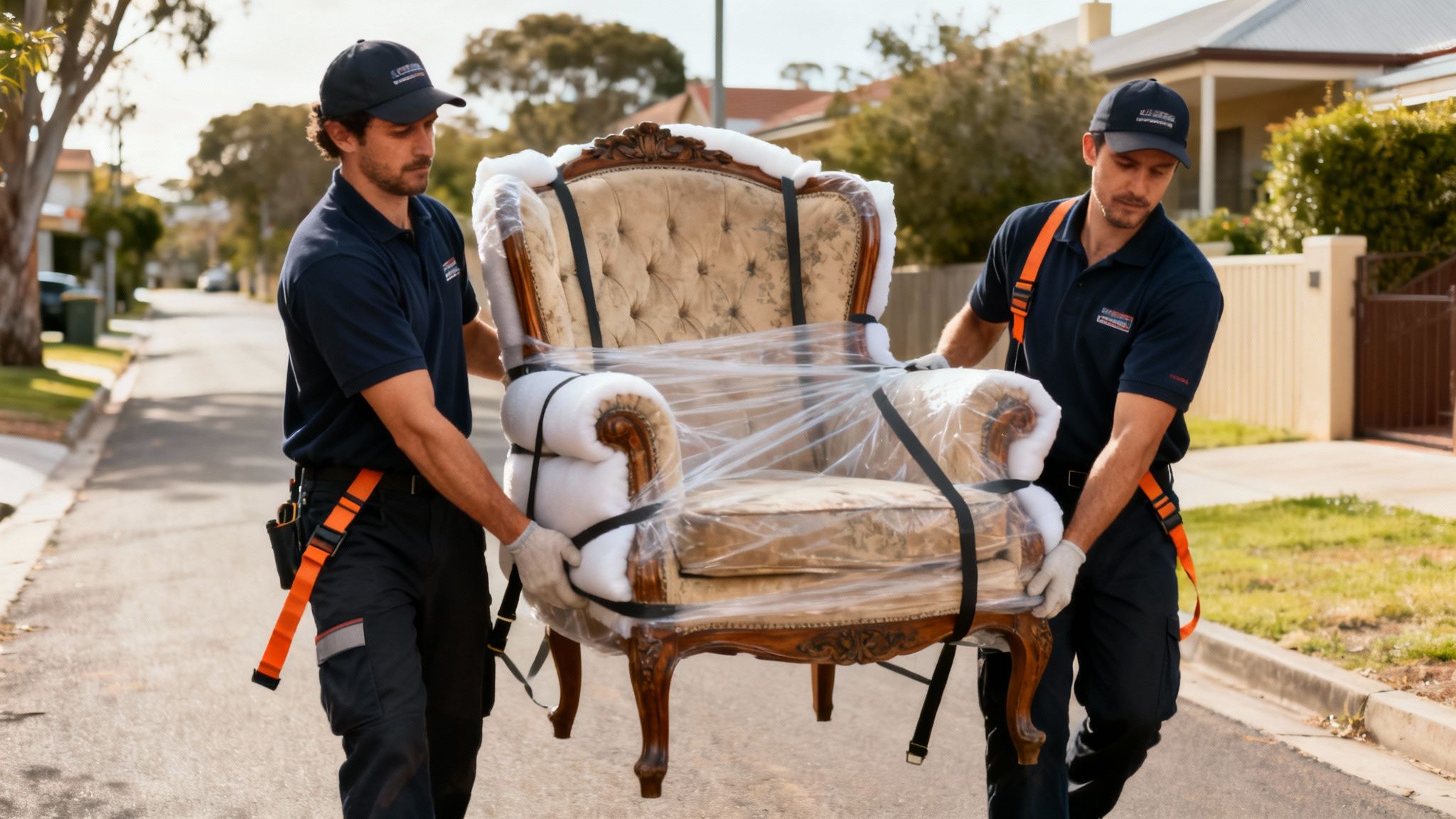 Two professional furniture removalists carefully carrying a wrapped antique armchair down a residential street.