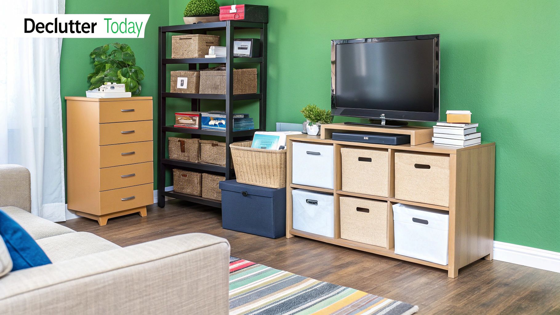 A neatly organised room with packed boxes, showing the result of decluttering before a move.