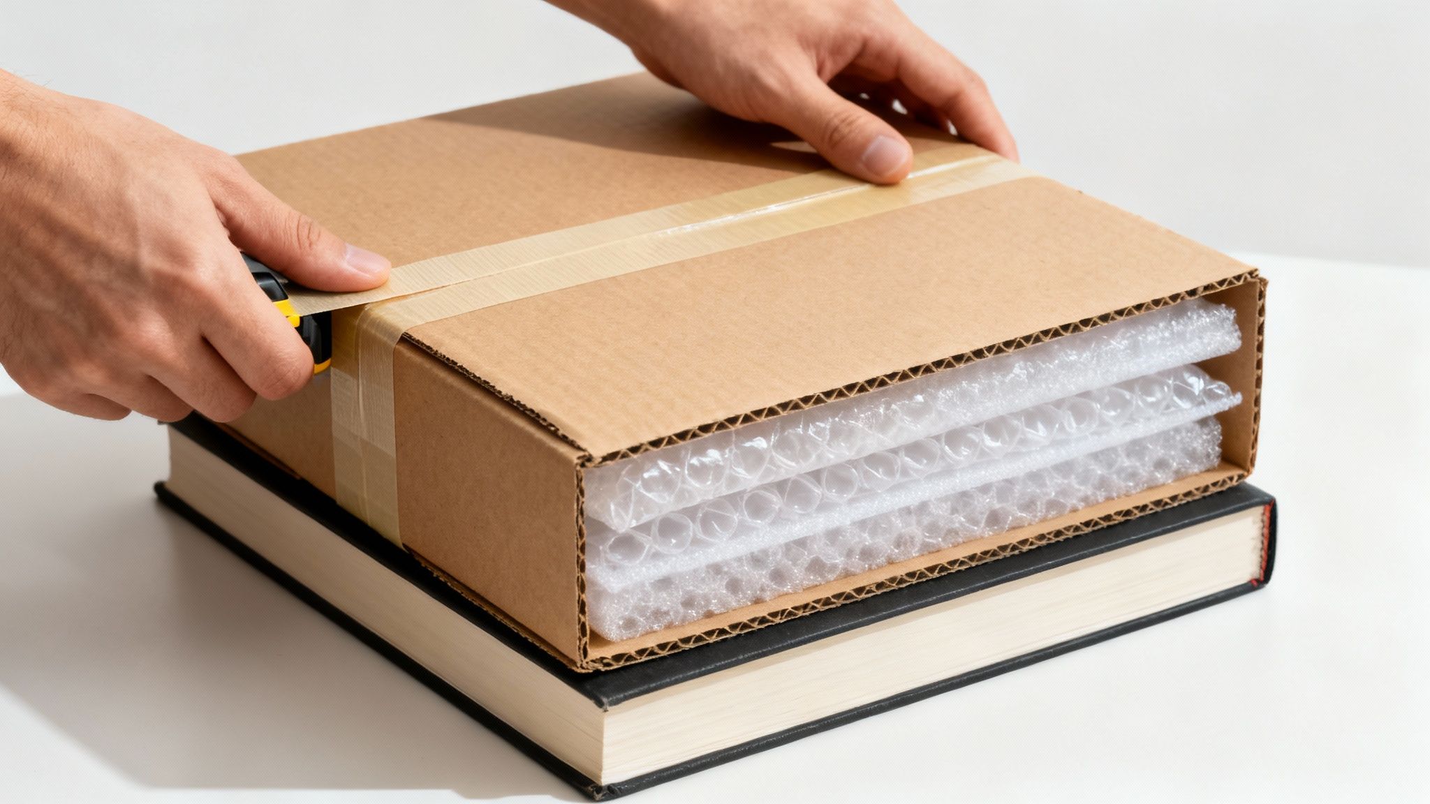 Close-up of hands taping a cardboard box filled with bubble-wrapped items, resting on a book.
