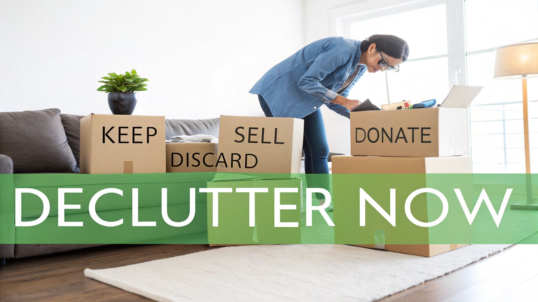 A woman declutters her home, sorting items into cardboard boxes labeled keep, sell, discard, and donate. "DECLUTTER NOW" is overlaid.