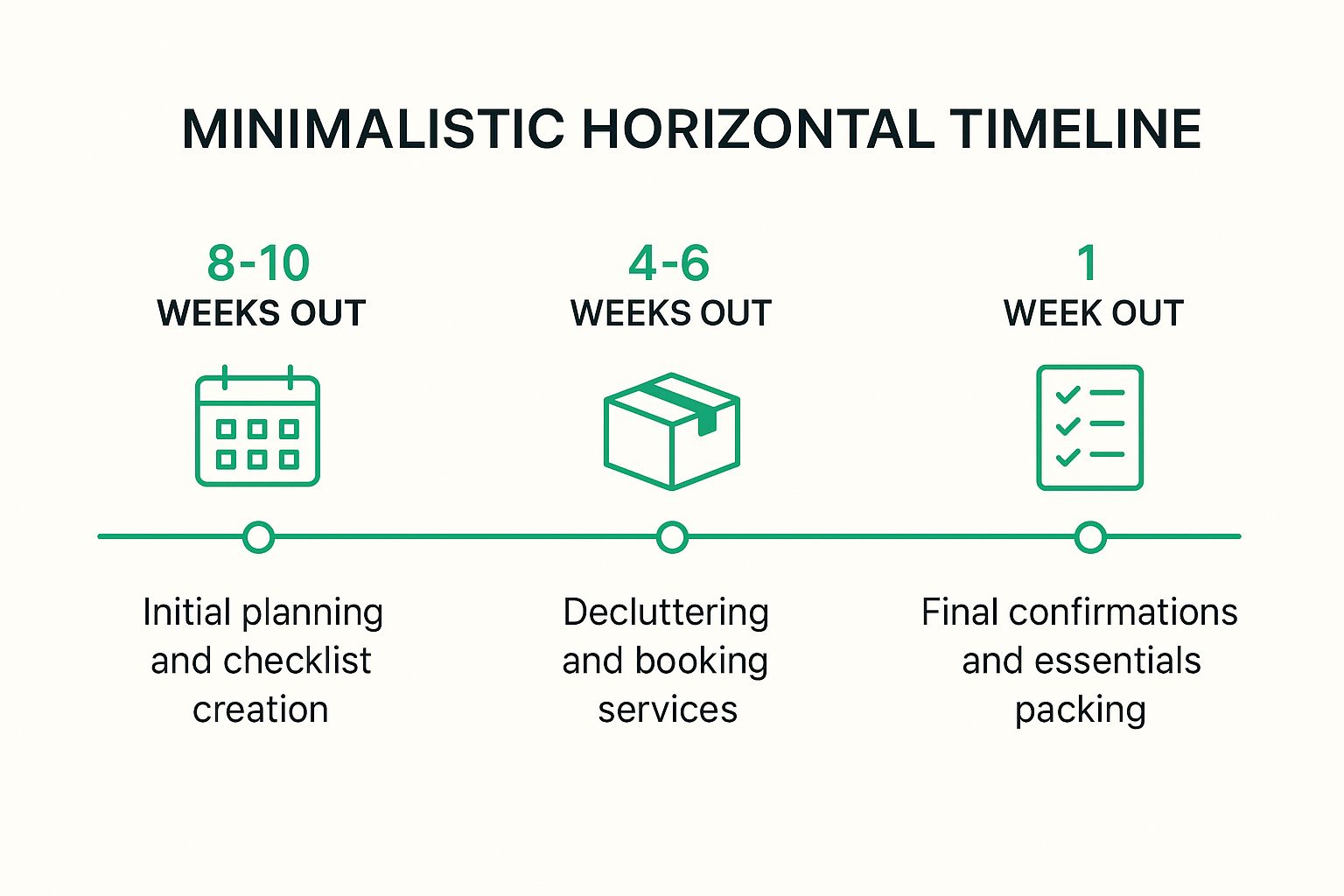 Infographic showing key stages of a moving timeline: 8-10 Weeks Out (planning), 4-6 Weeks Out (decluttering/booking), and 1 Week Out (final packing).